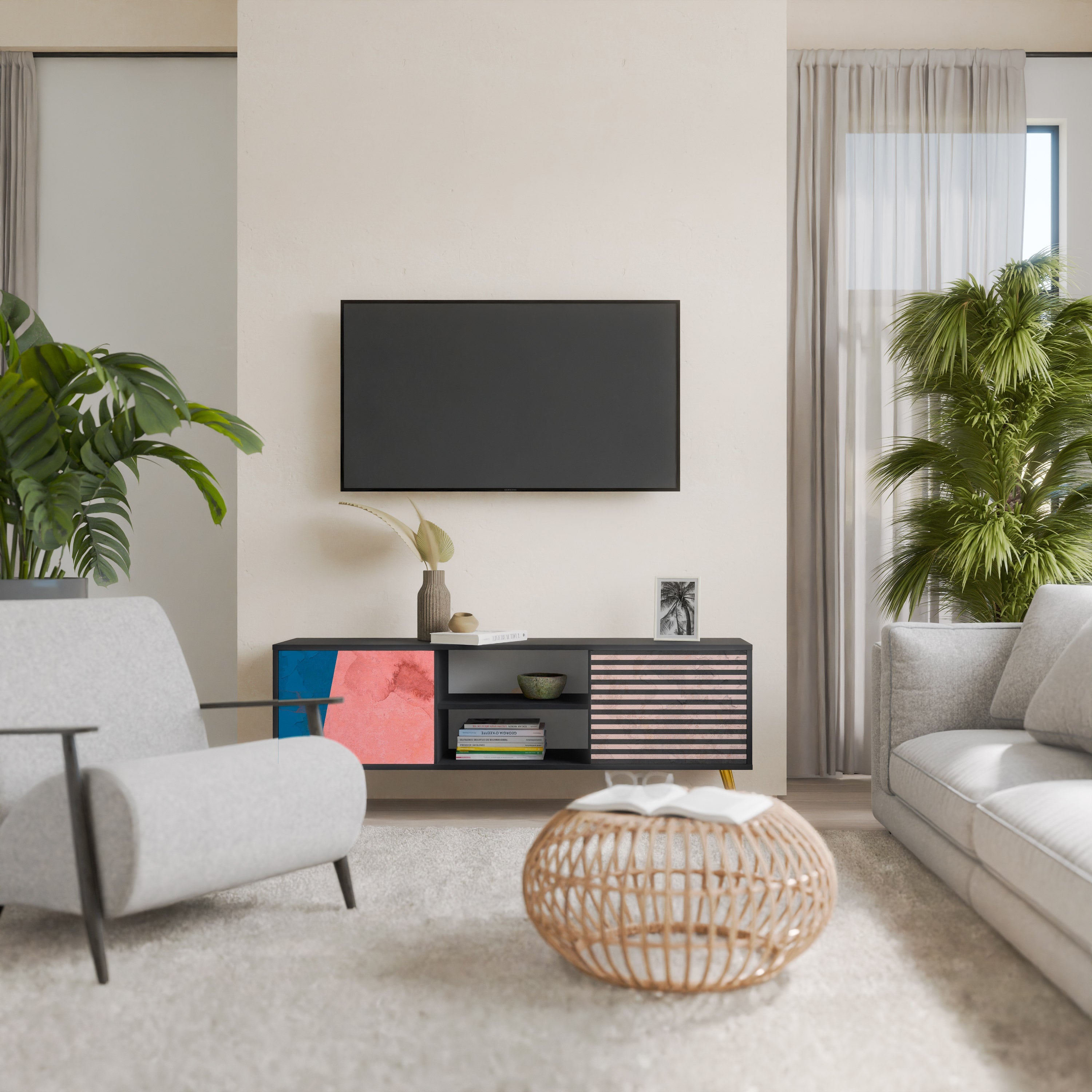 GLAMOROUS STRIPE TV-Lowboard mit 2 Türen in Schwarz