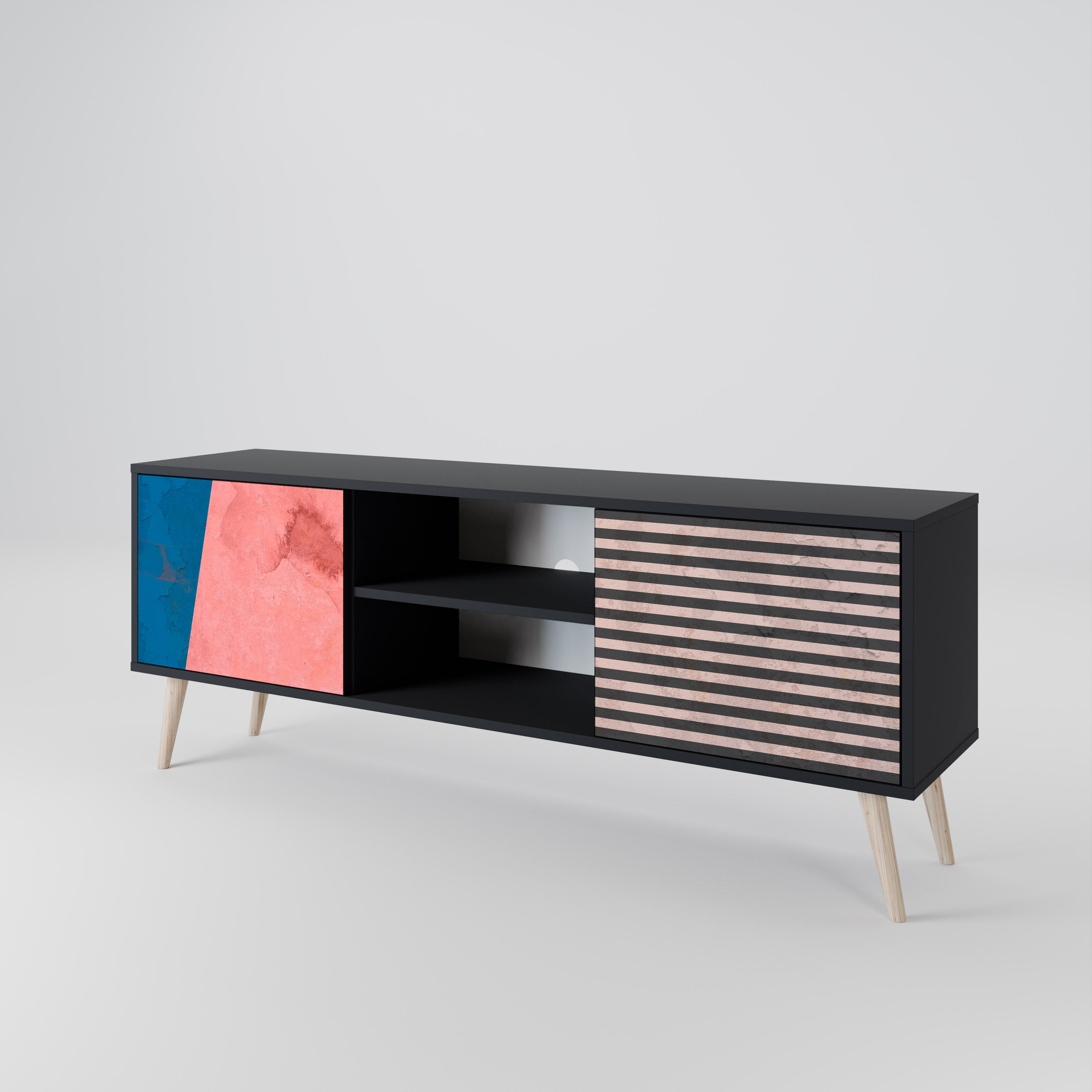 GLAMOROUS STRIPE TV-Lowboard mit 2 Türen in Schwarz