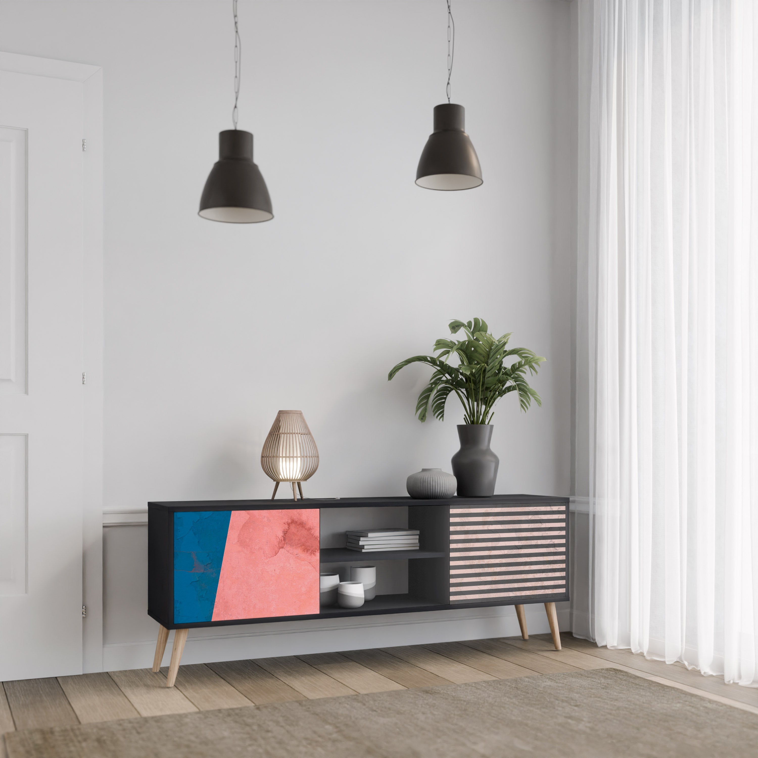 GLAMOROUS STRIPE TV-Lowboard mit 2 Türen in Schwarz