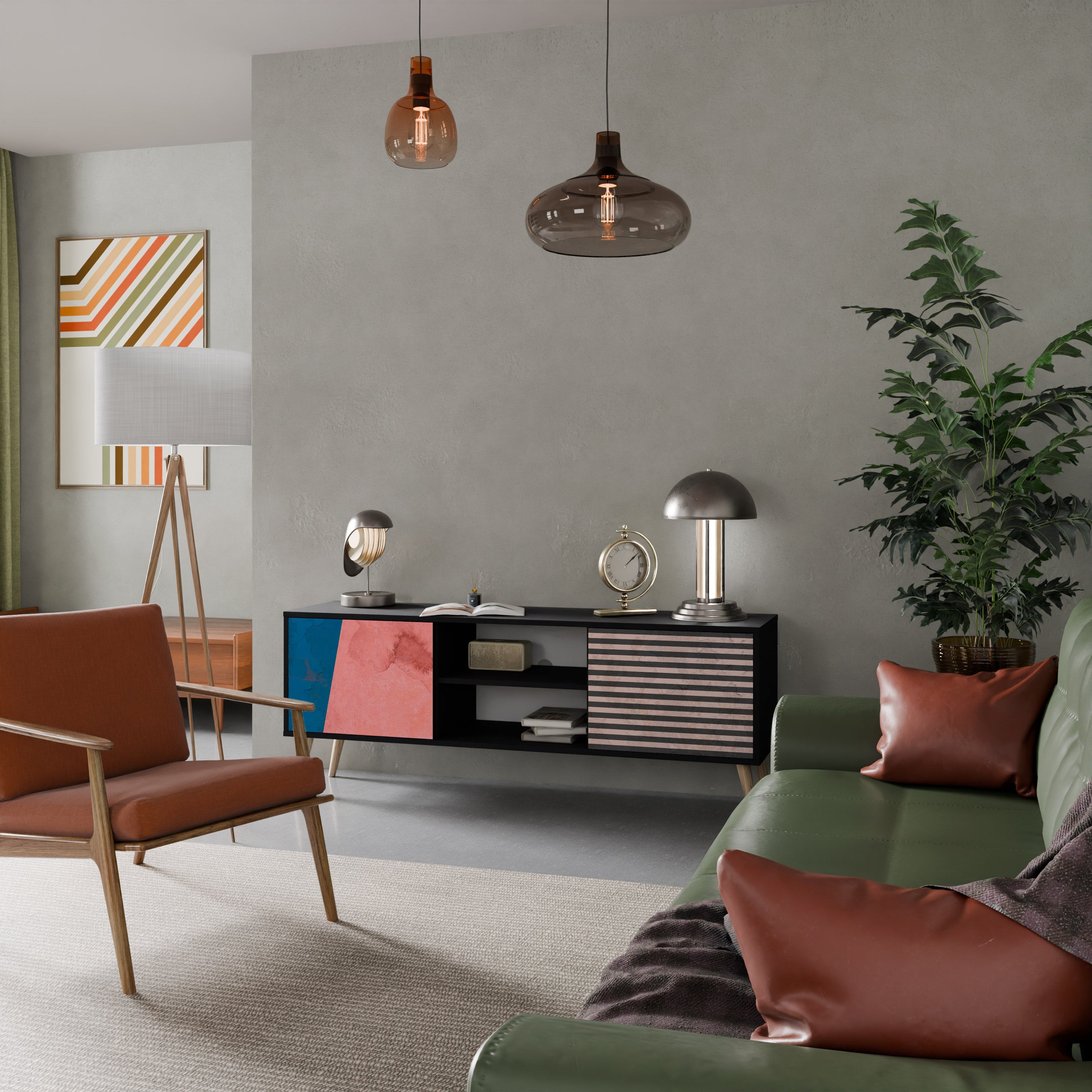 GLAMOROUS STRIPE TV-Lowboard mit 2 Türen in Schwarz