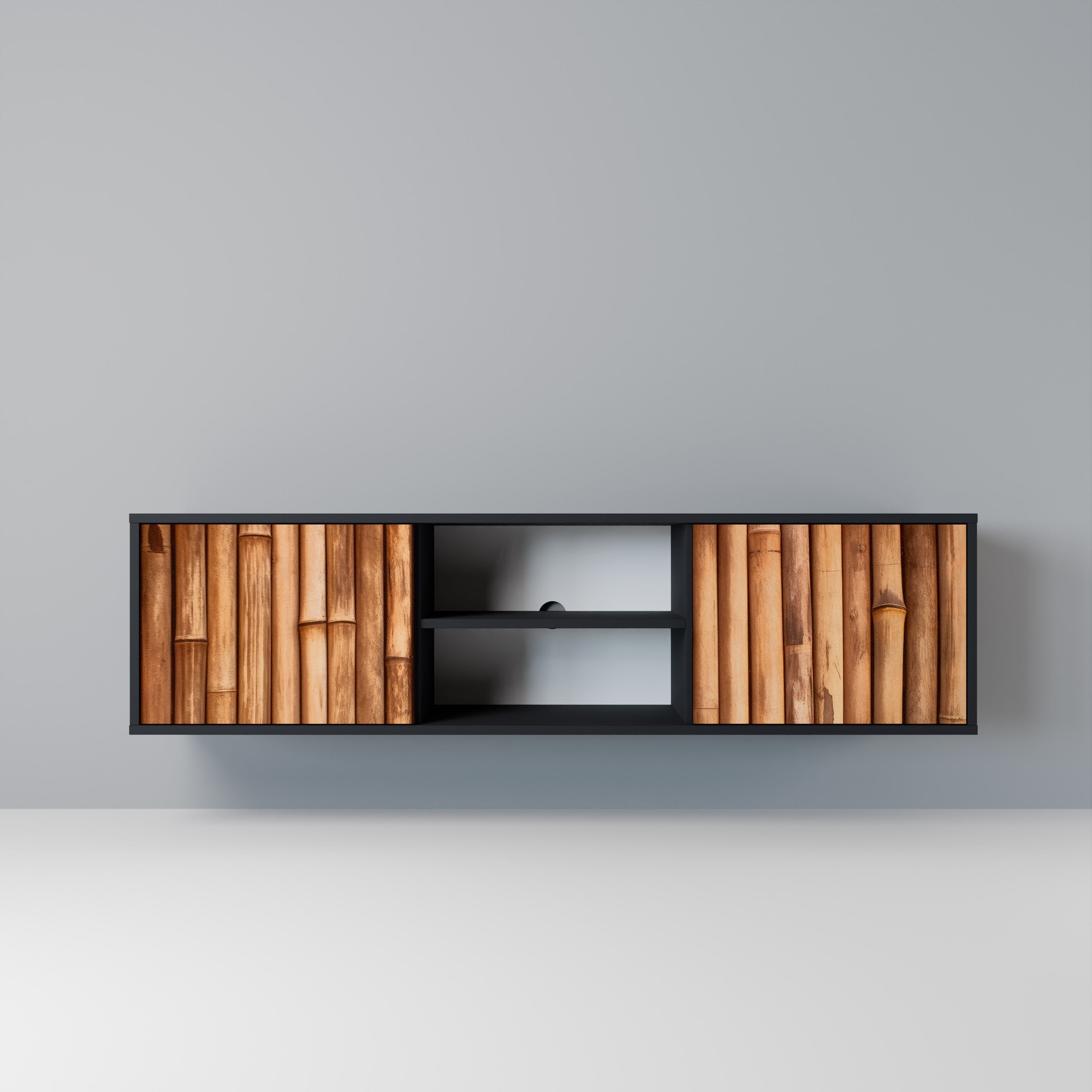 NATURAL WOOD 2-Door TV Stand in Black Finish