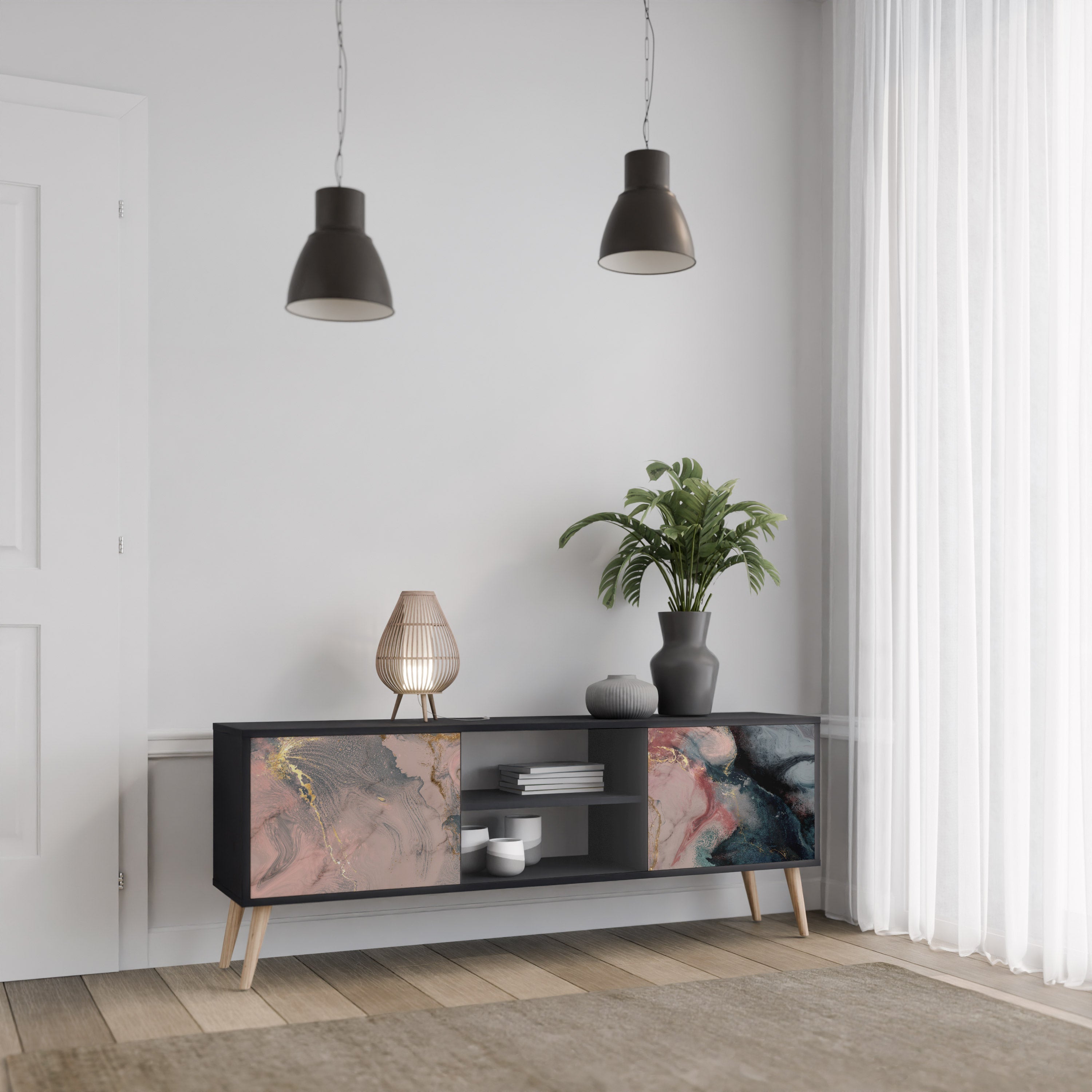 GILDED SWIRLS 2-Door TV Stand in Black Finish