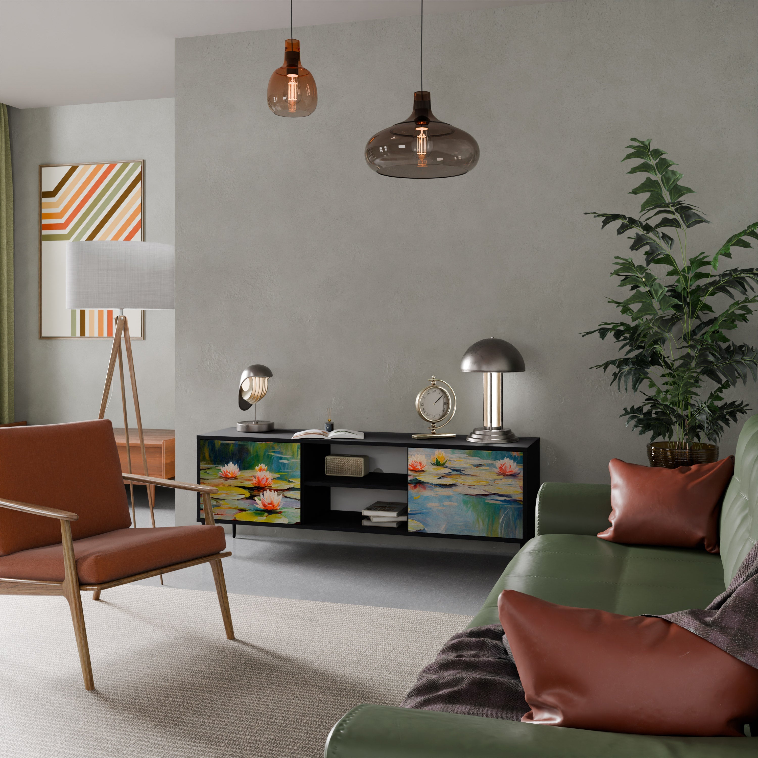 BLOOMING WATERS 2-Door TV Stand in Black Finish