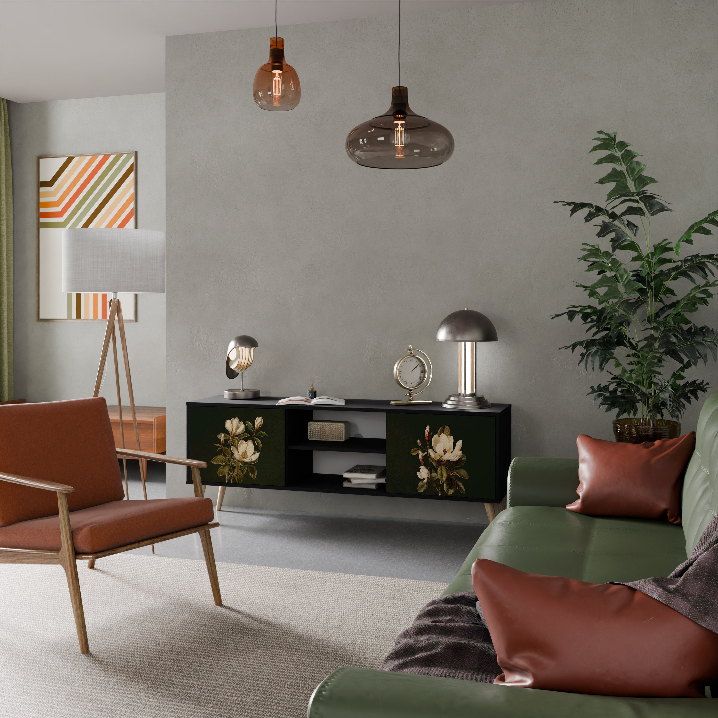 FLORAL NOIR 2-Door TV Stand in Black Finish