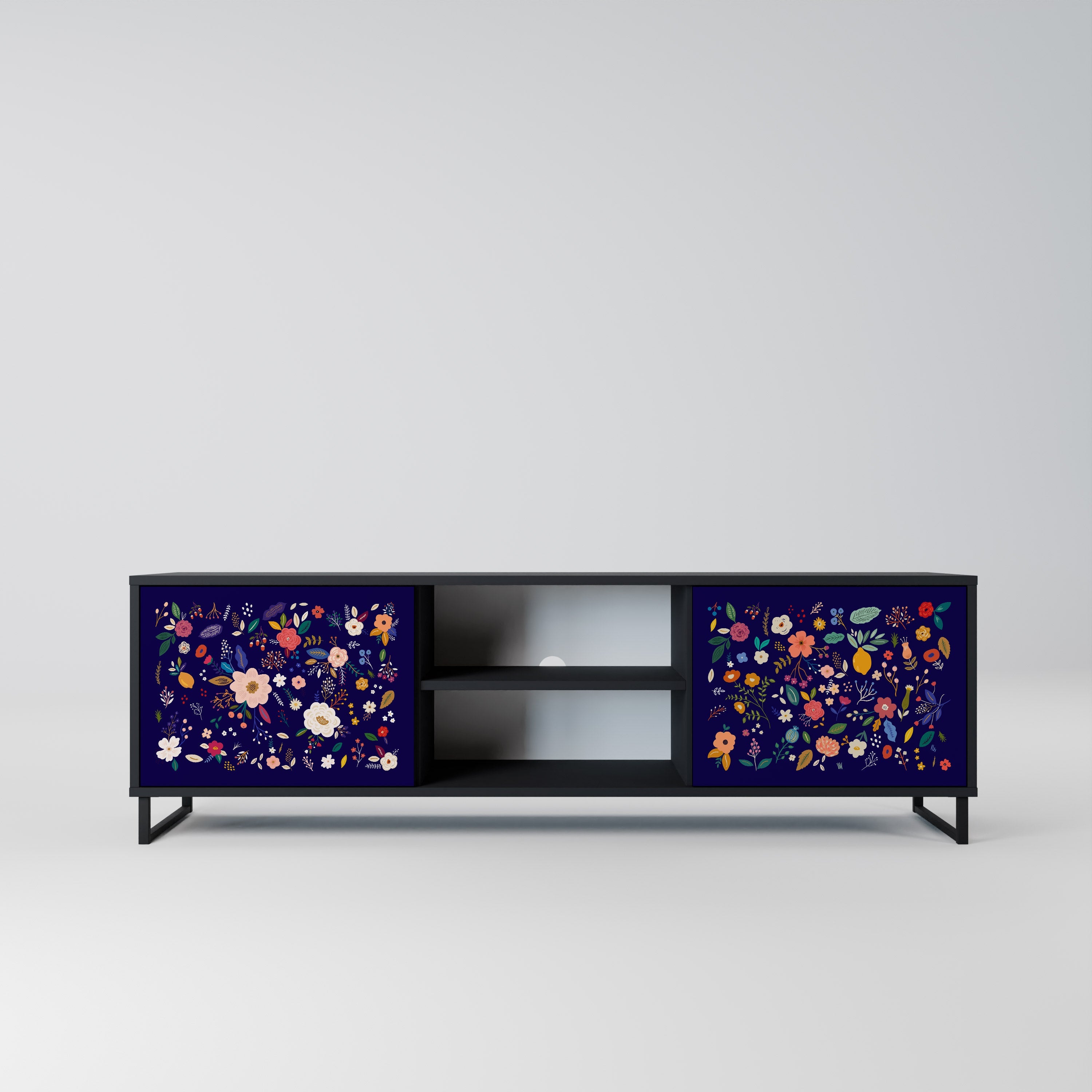 FLORAL COMBINATION 2-Door TV Stand in Black Finish