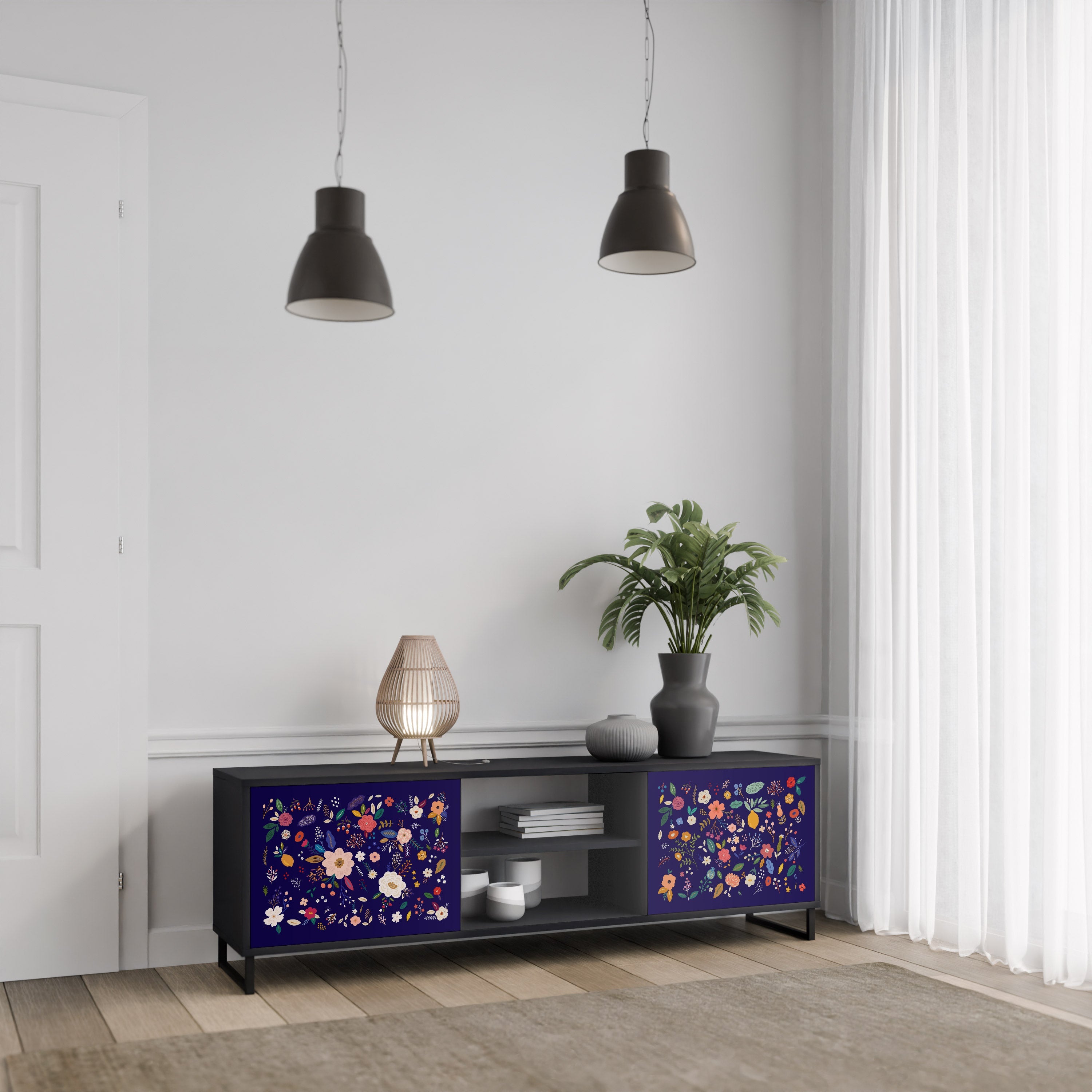 FLORAL COMBINATION 2-Door TV Stand in Black Finish