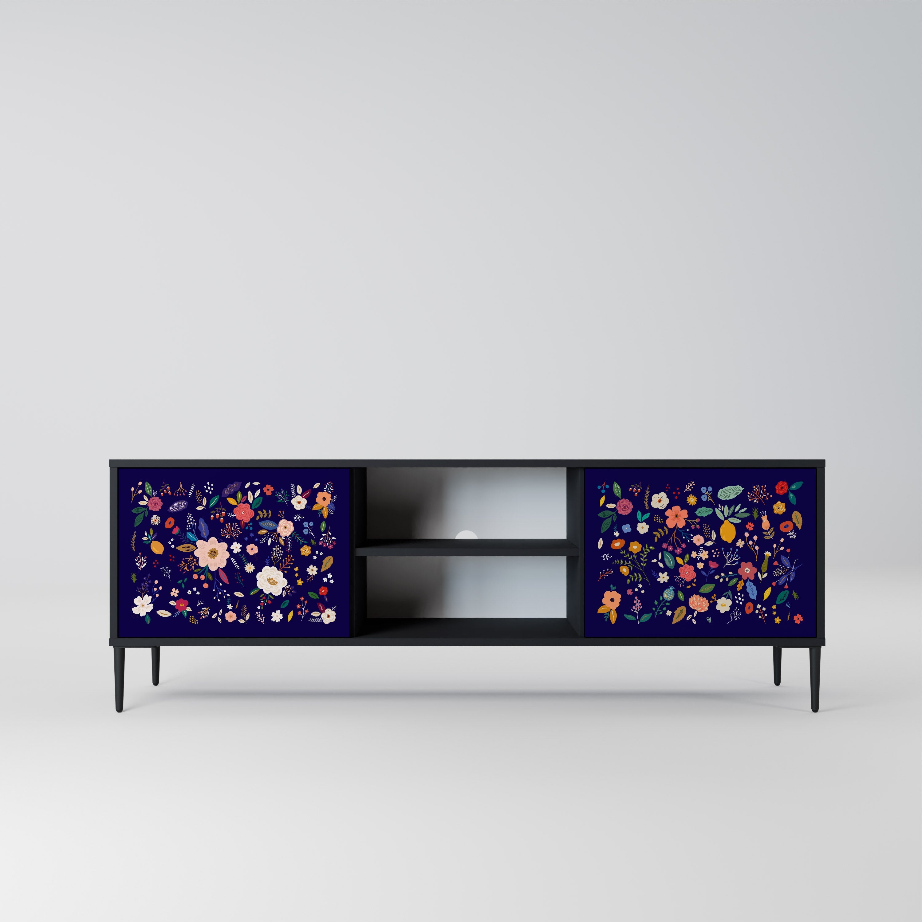 FLORAL COMBINATION 2-Door TV Stand in Black Finish