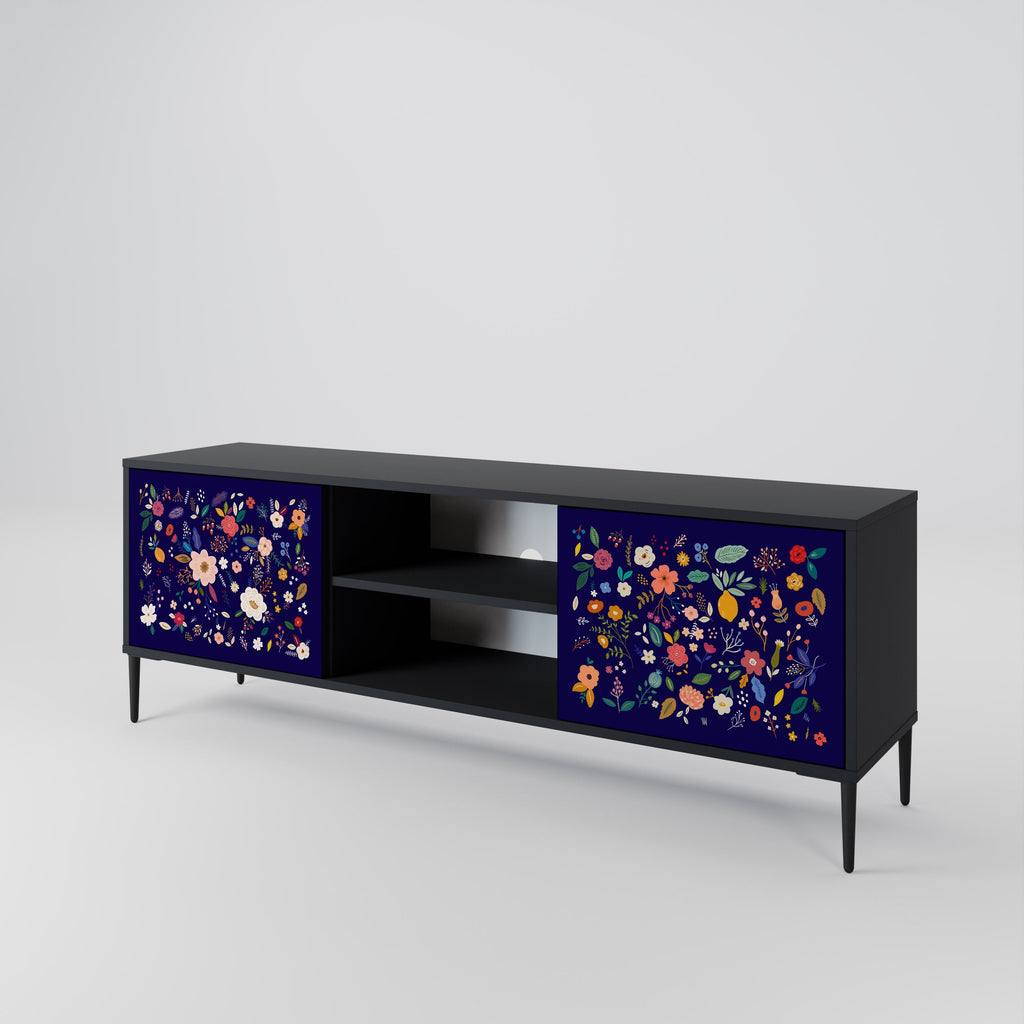 FLORAL COMBINATION 2-Door TV Stand in Black Finish