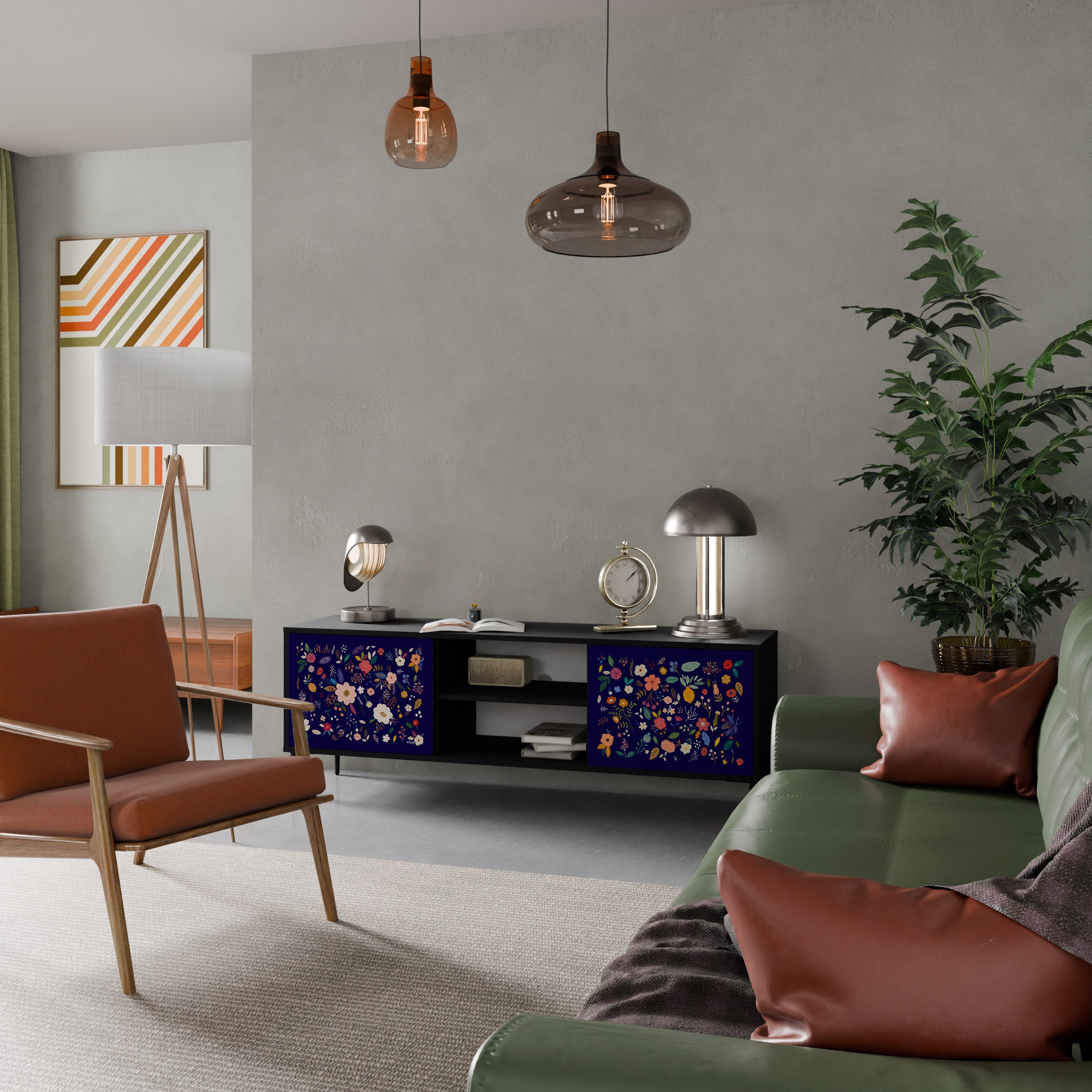 FLORAL COMBINATION 2-Door TV Stand in Black Finish