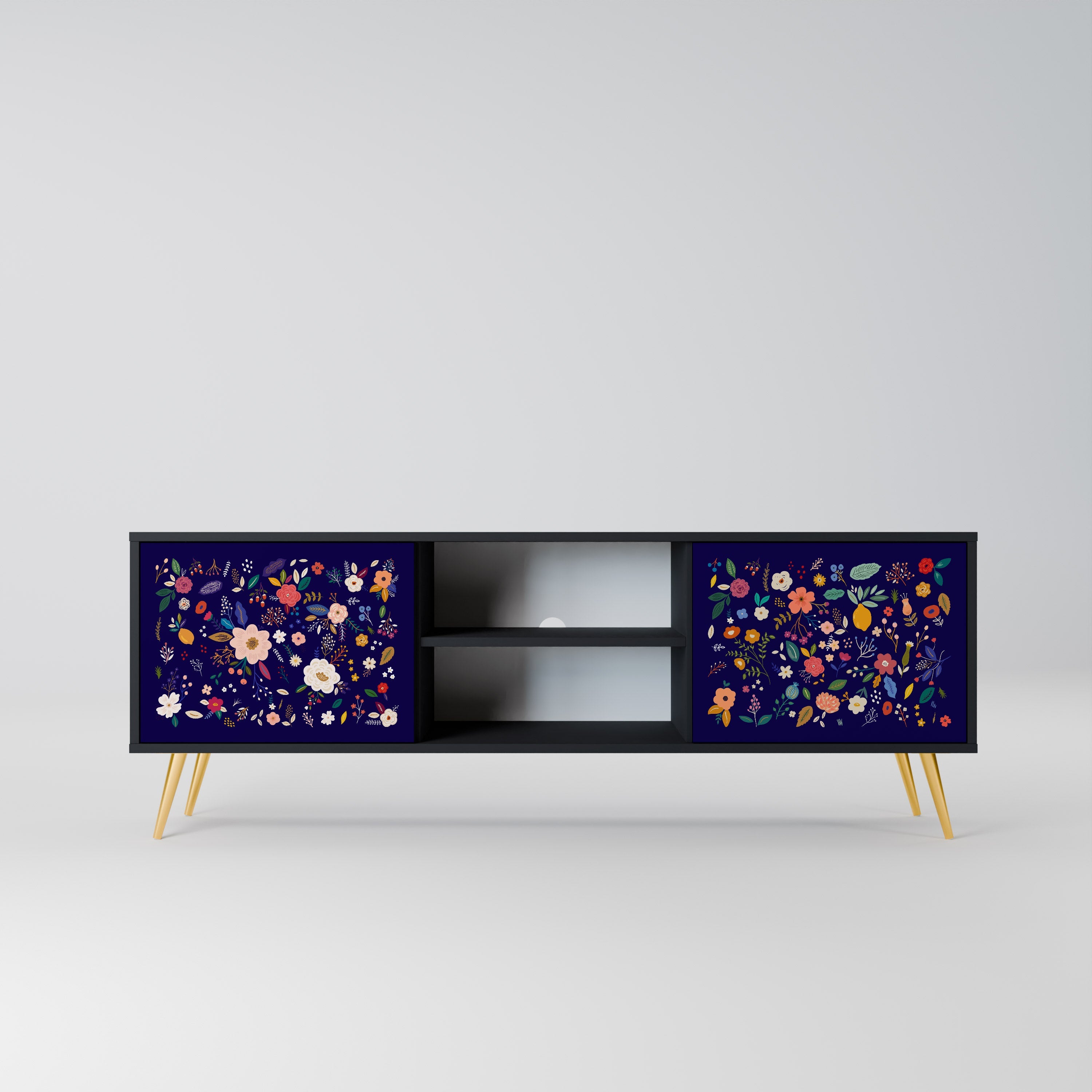 FLORAL COMBINATION 2-Door TV Stand in Black Finish