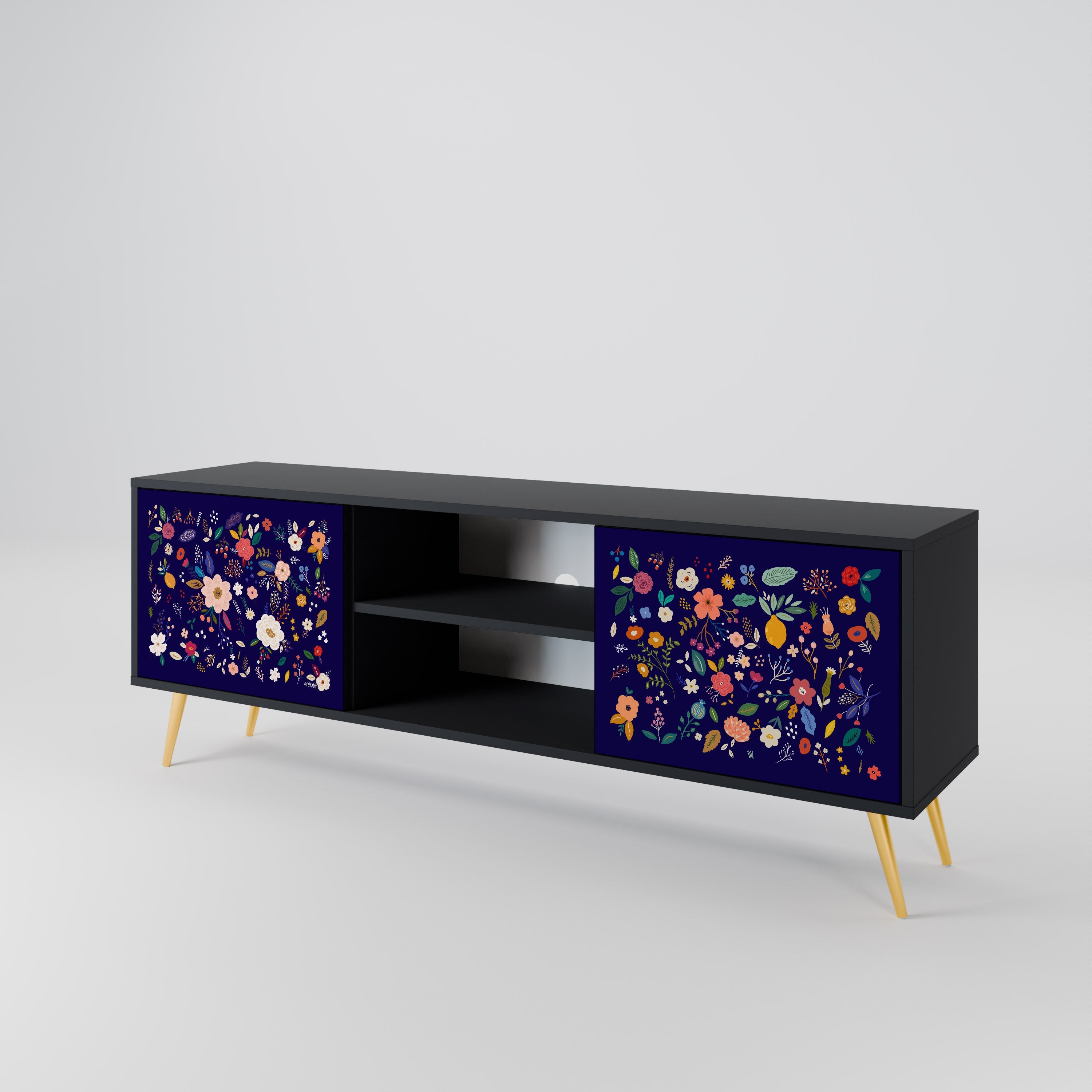 FLORAL COMBINATION 2-Door TV Stand in Black Finish