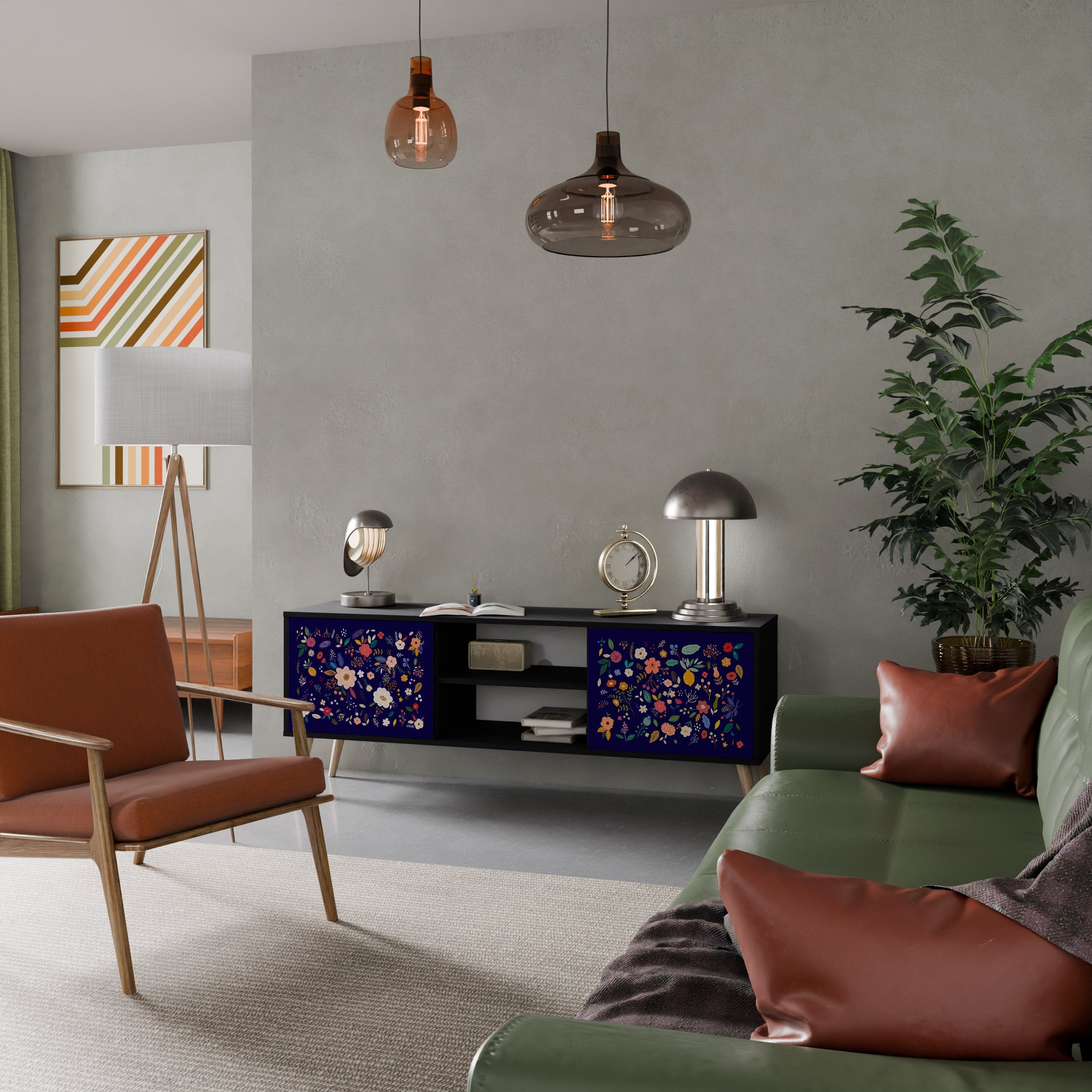 FLORAL COMBINATION 2-Door TV Stand in Black Finish