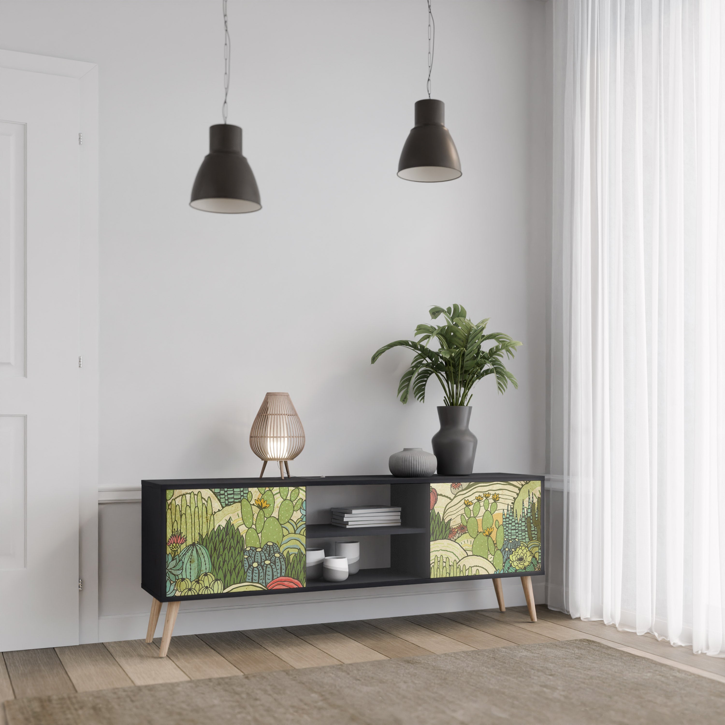 SUCCULENTS KALEIDOSCOPE 2-Door TV Stand in Black Finish