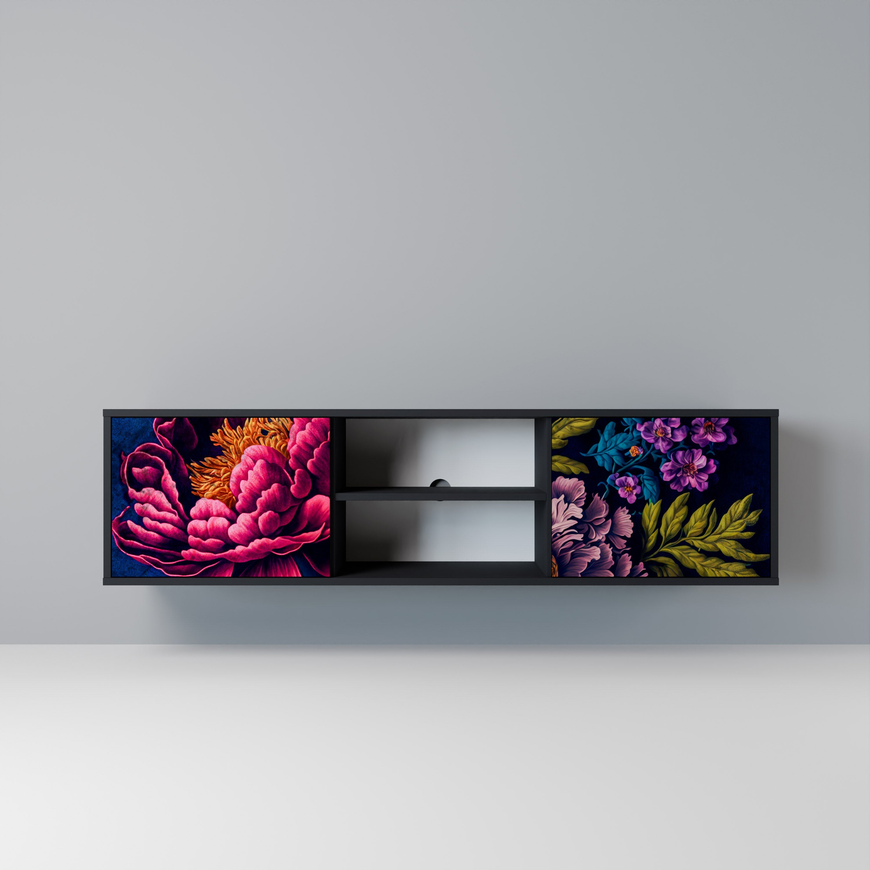 BLOOMING ELEGANCE 2-Door TV Stand in Black Finish