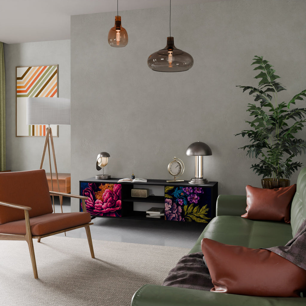 BLOOMING ELEGANCE 2-Door TV Stand in Black Finish