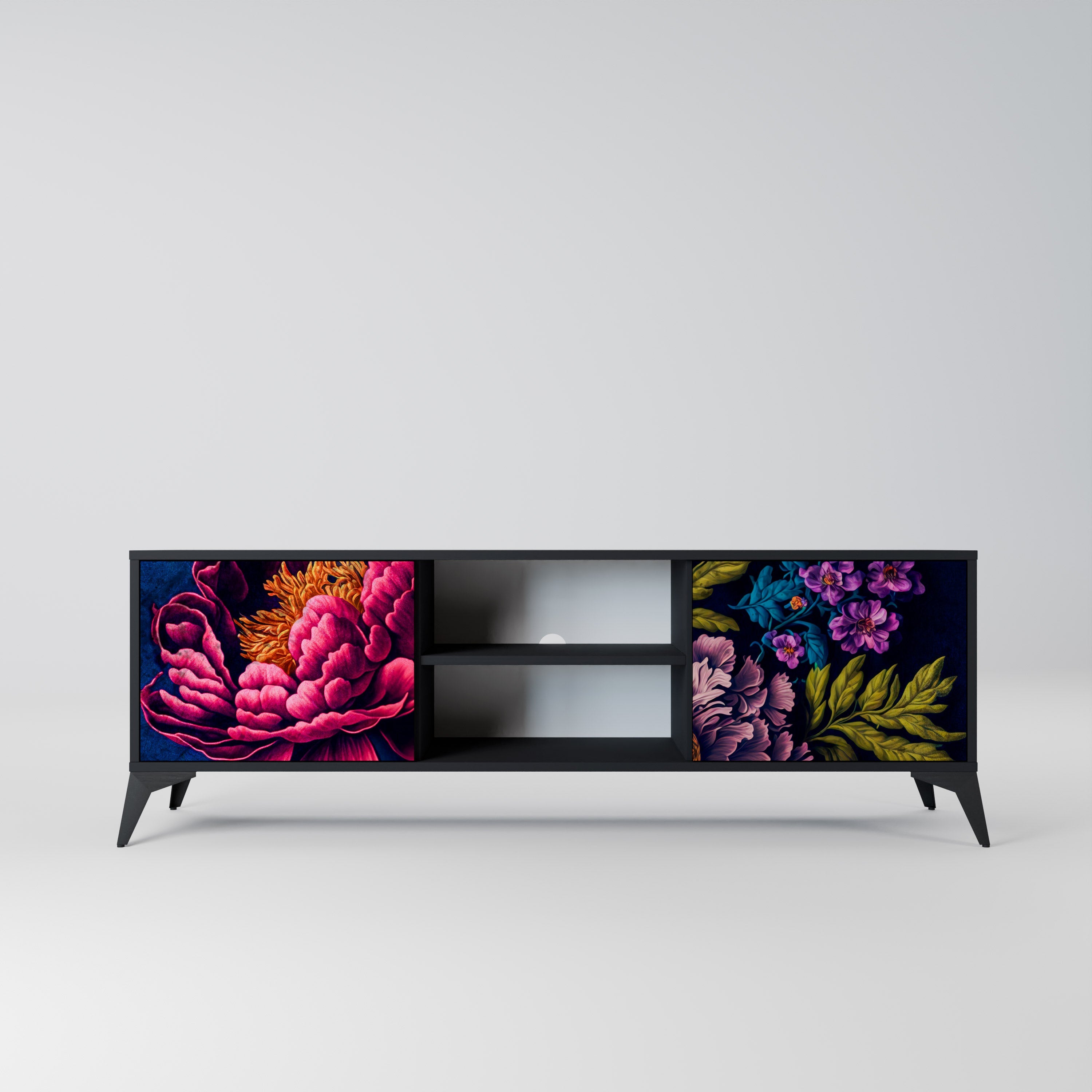 BLOOMING ELEGANCE 2-Door TV Stand in Black Finish