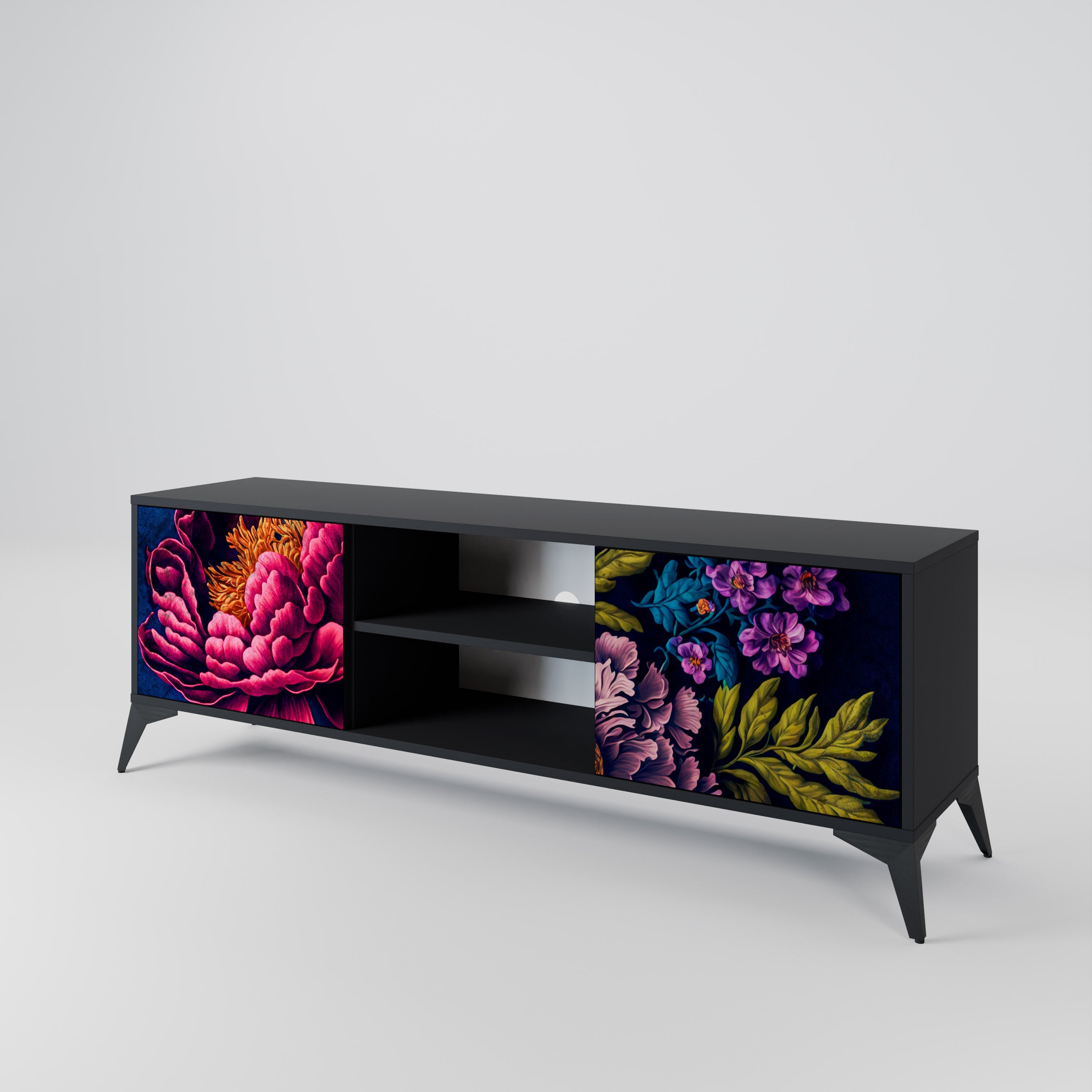BLOOMING ELEGANCE 2-Door TV Stand in Black Finish