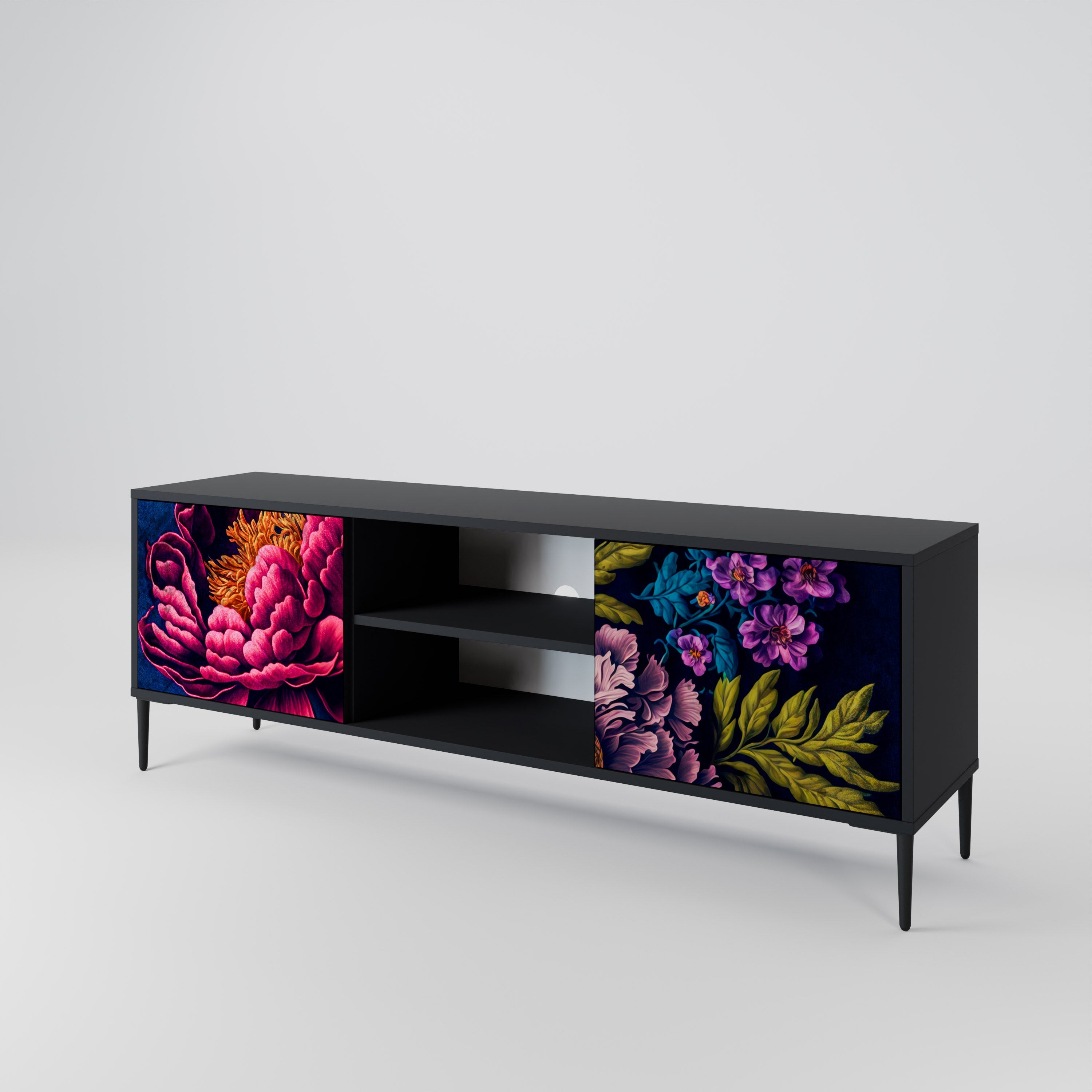 BLOOMING ELEGANCE 2-Door TV Stand in Black Finish