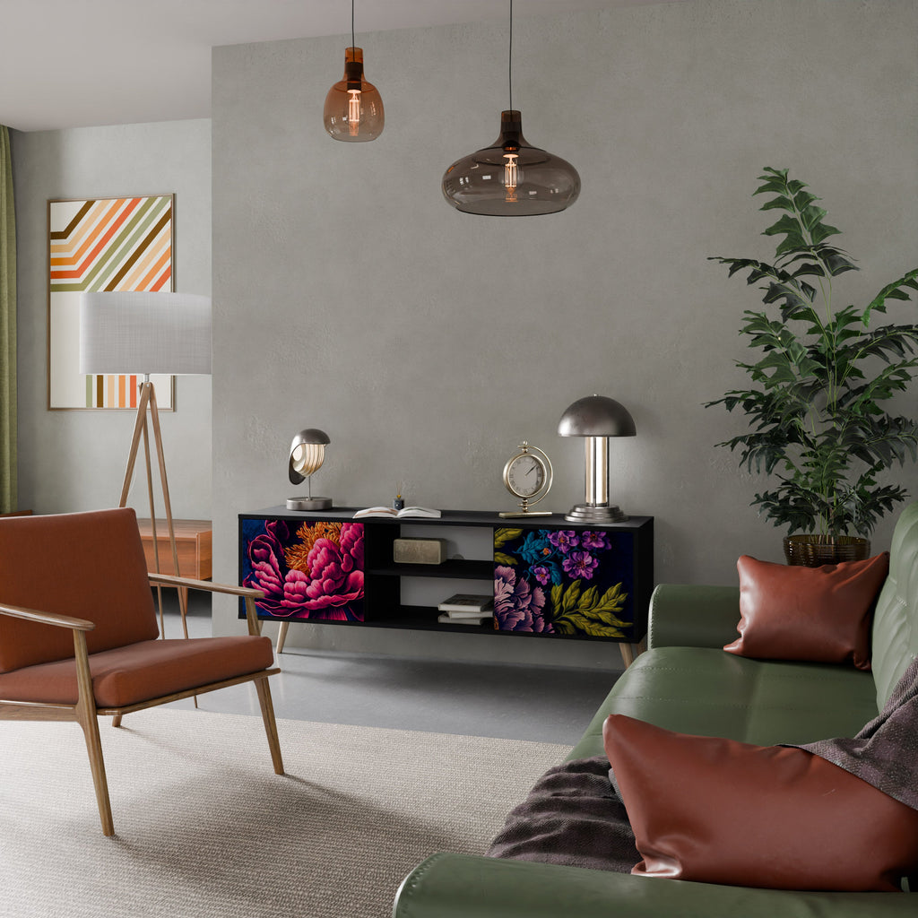 BLOOMING ELEGANCE 2-Door TV Stand in Black Finish