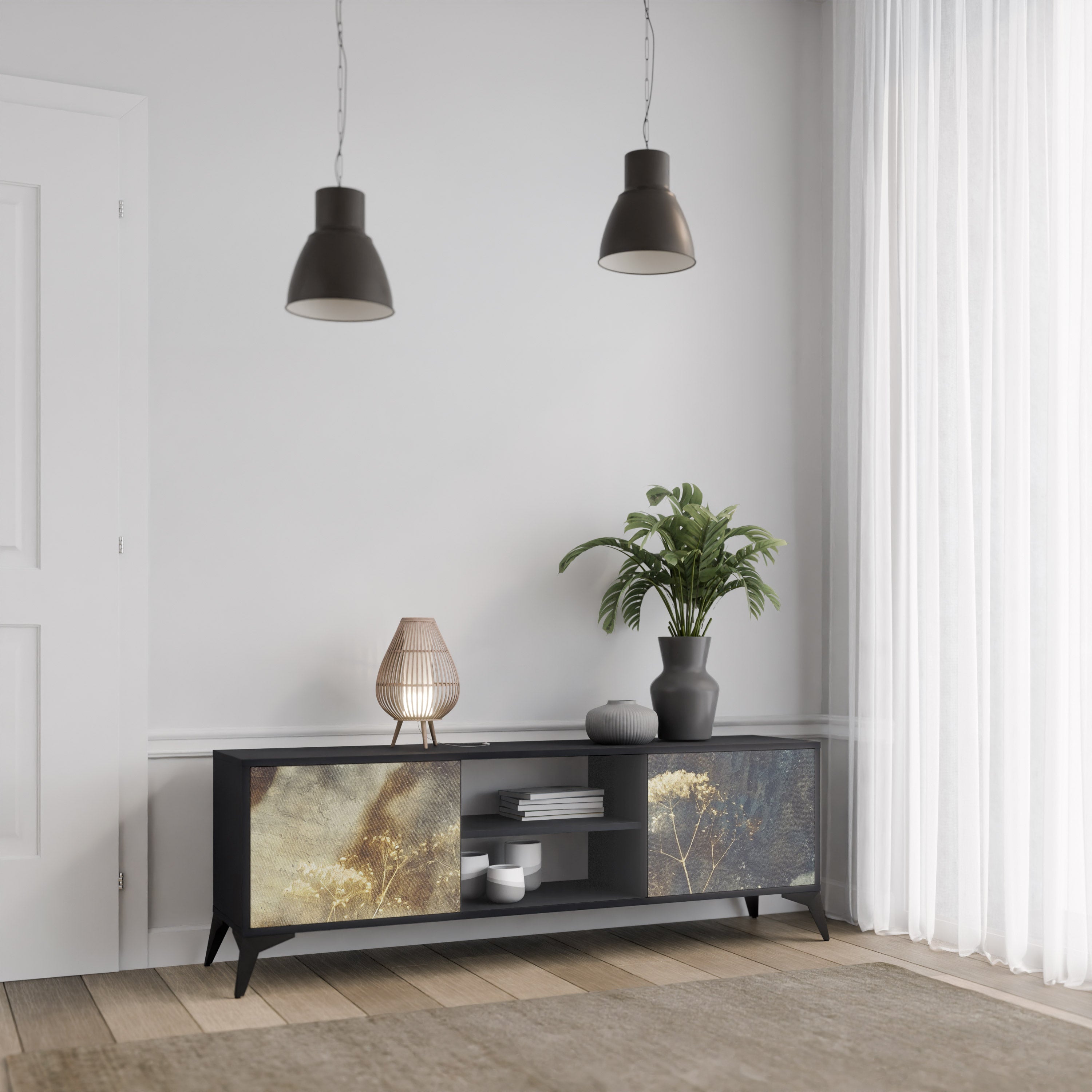 GENTLE POWER 2-Door TV Stand in Black Finish