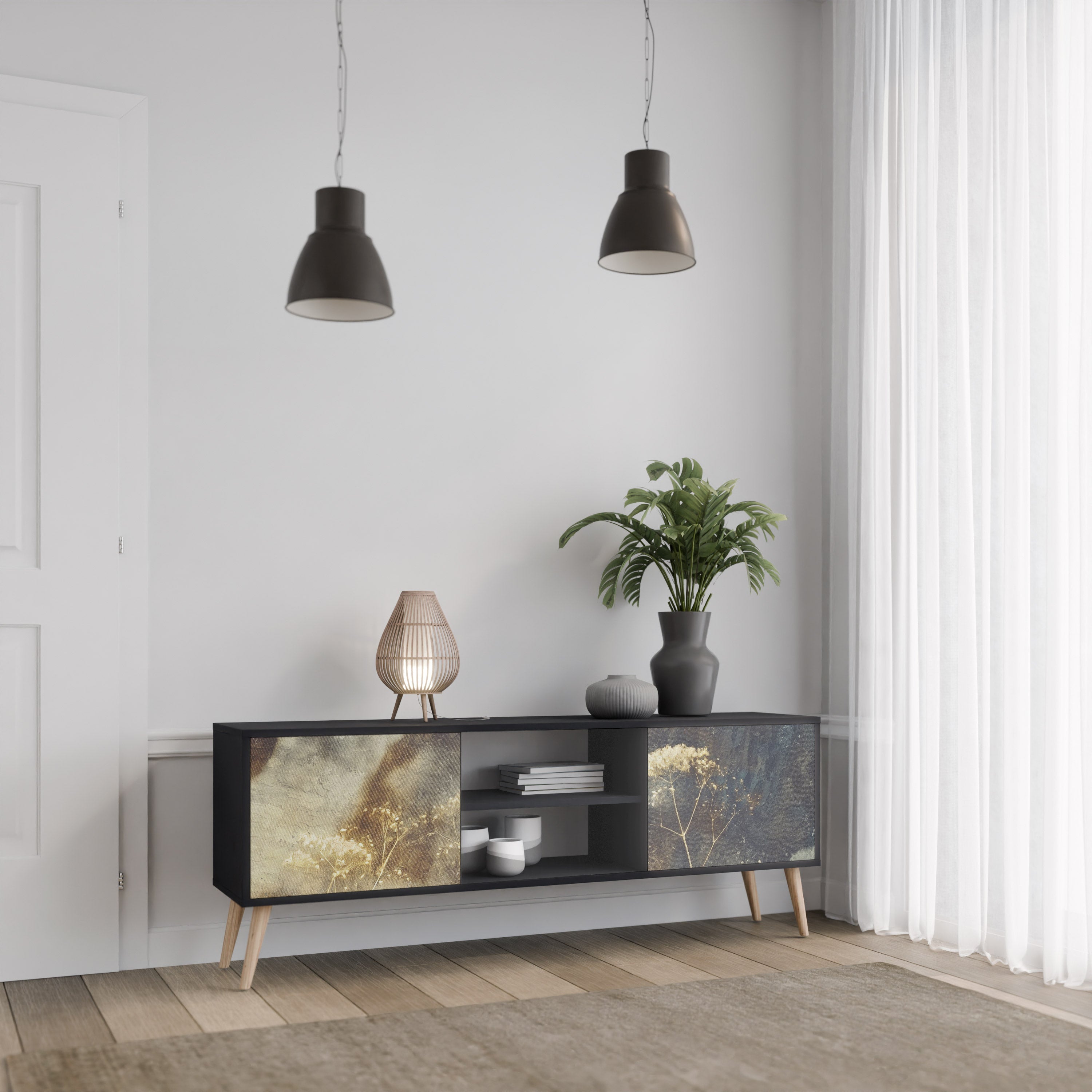 GENTLE POWER 2-Door TV Stand in Black Finish