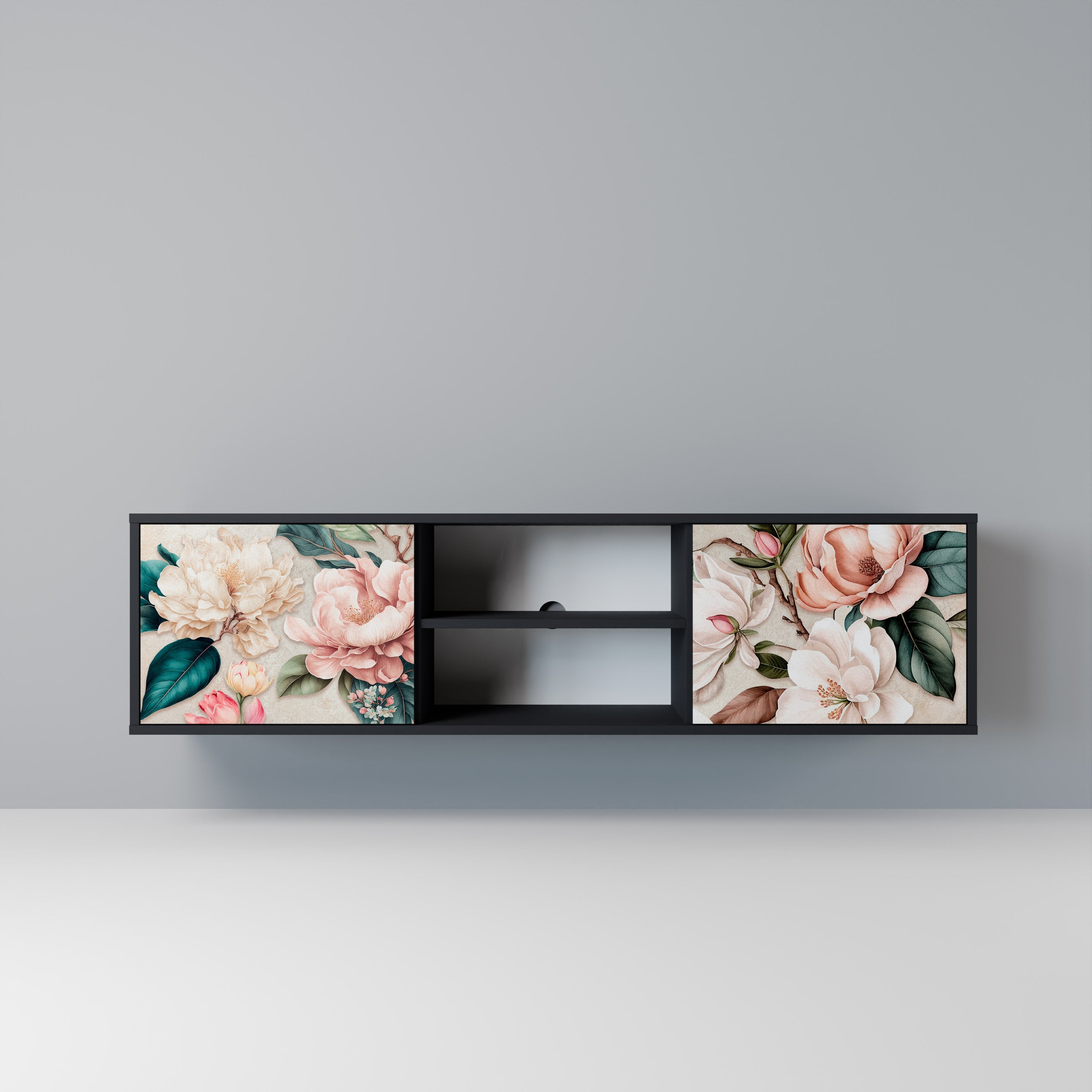 FLORAL GRACE 2-Door TV Stand in Black Finish