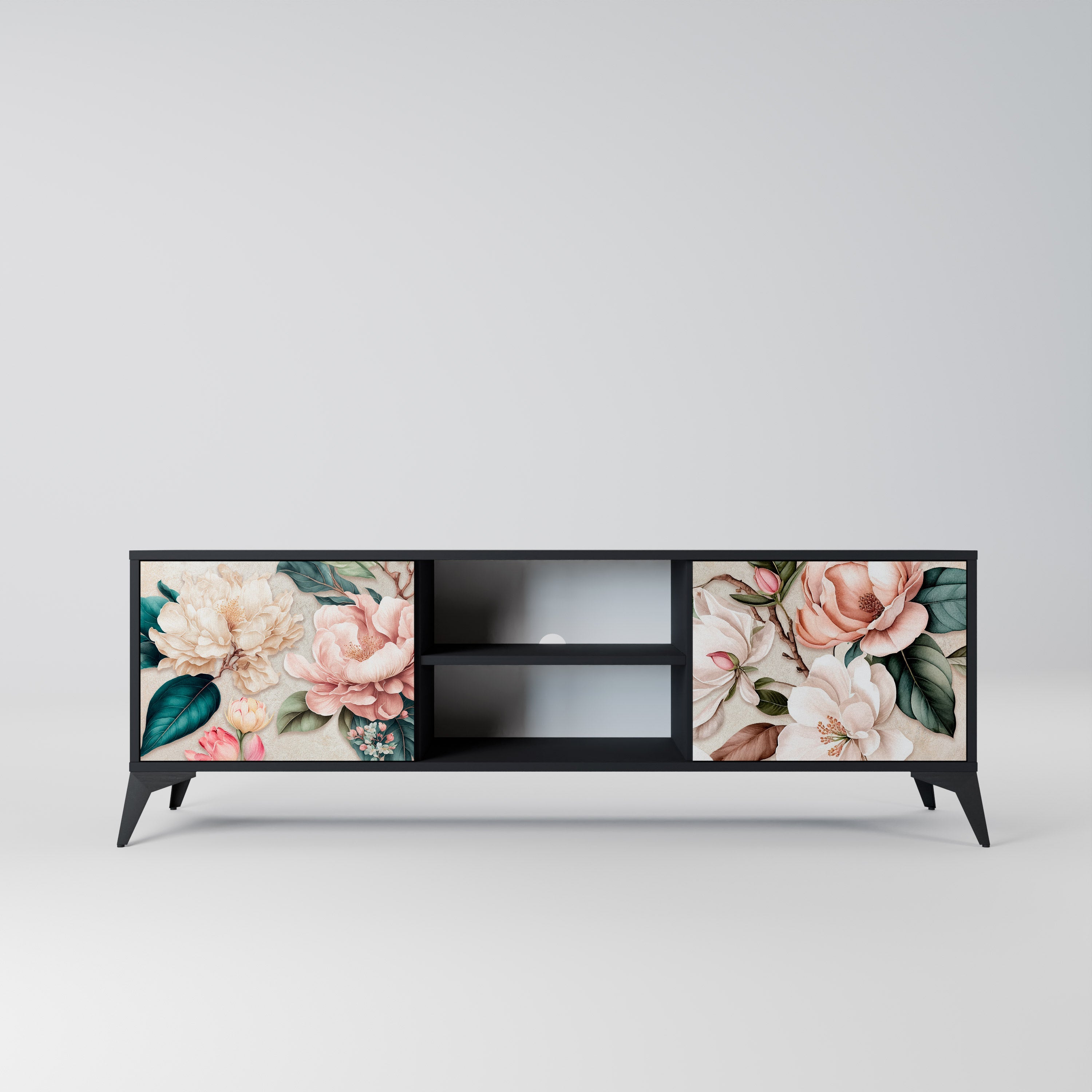 FLORAL GRACE 2-Door TV Stand in Black Finish
