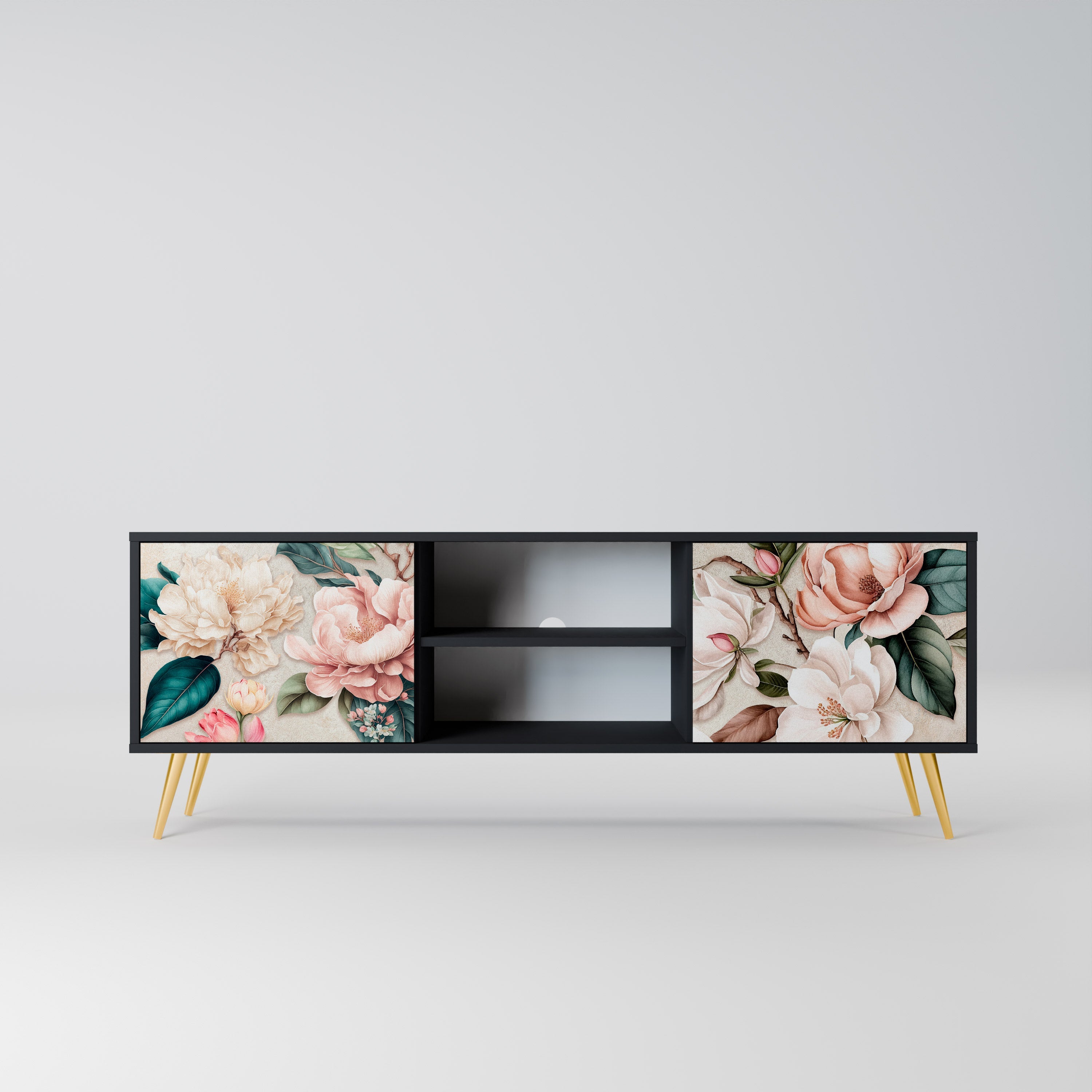 FLORAL GRACE 2-Door TV Stand in Black Finish