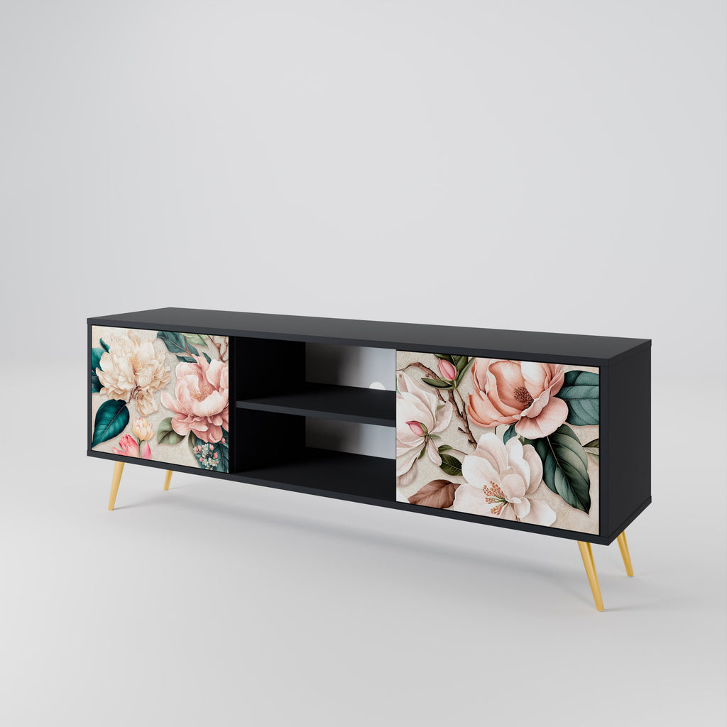 FLORAL GRACE 2-Door TV Stand in Black Finish