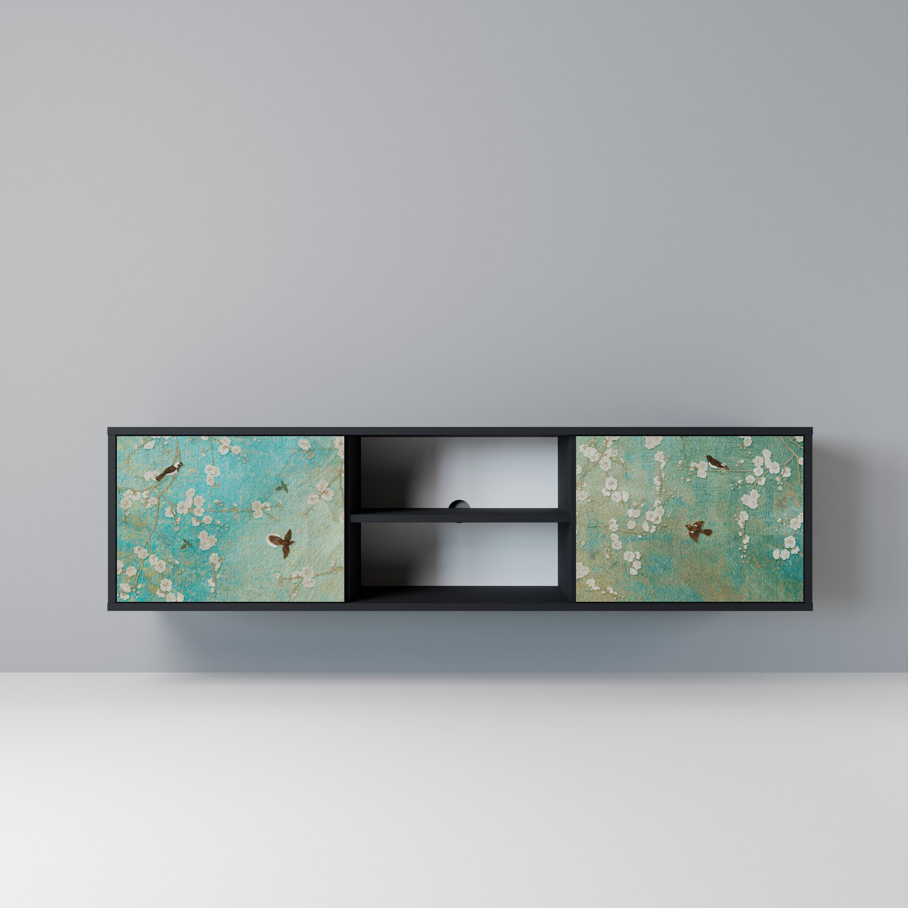 BLOOMING CHARM 2-Door TV Stand in Black Finish