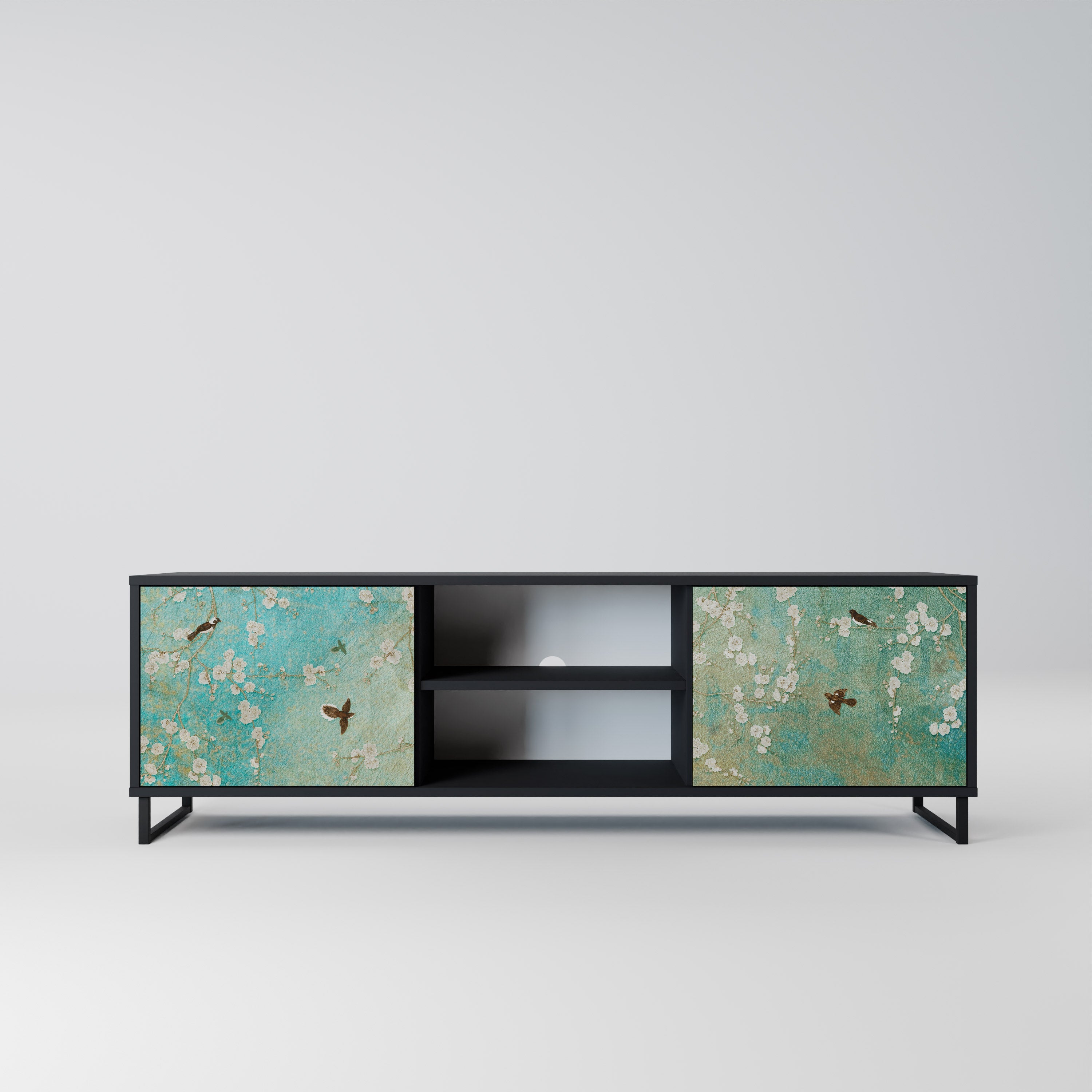 BLOOMING CHARM 2-Door TV Stand in Black Finish