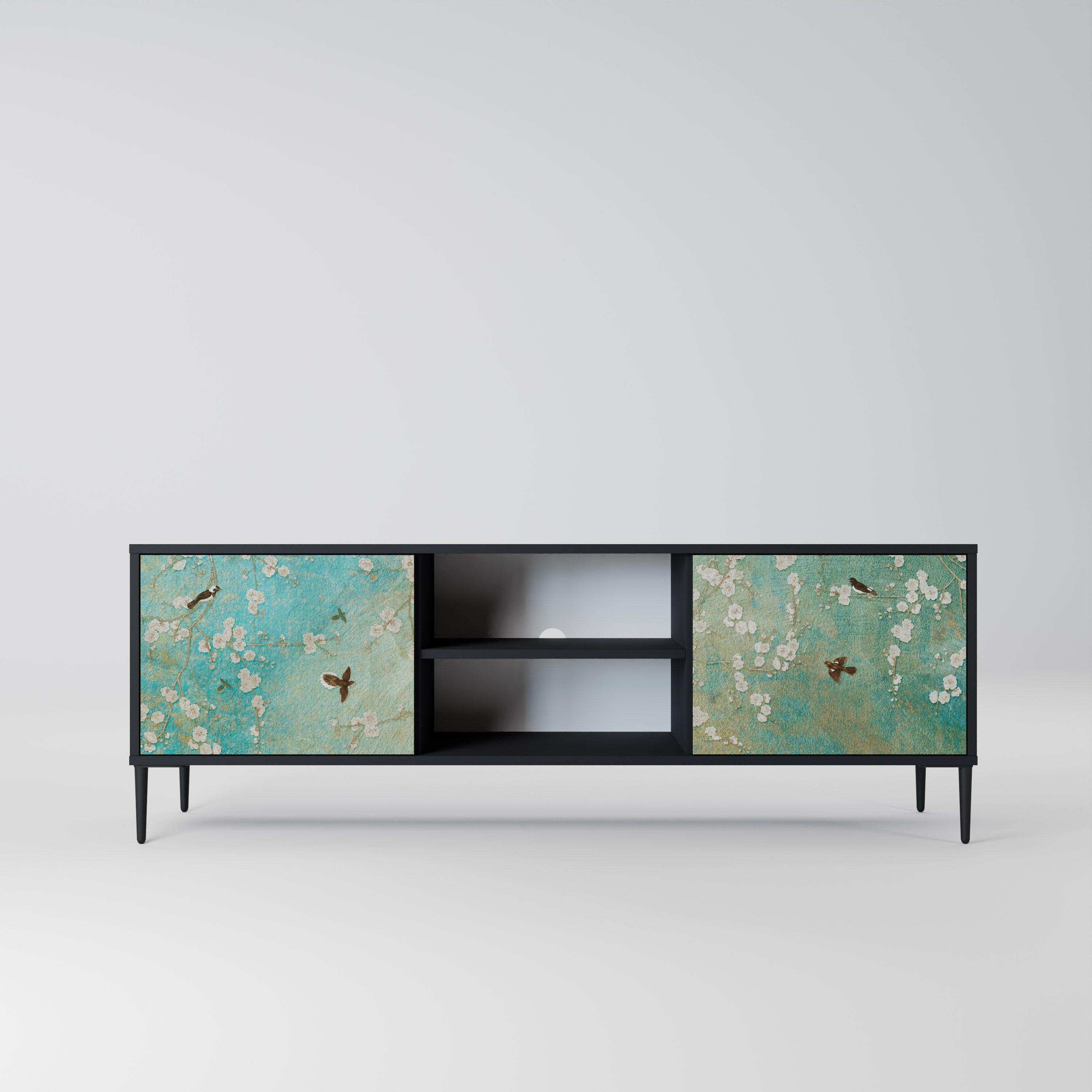 BLOOMING CHARM 2-Door TV Stand in Black Finish