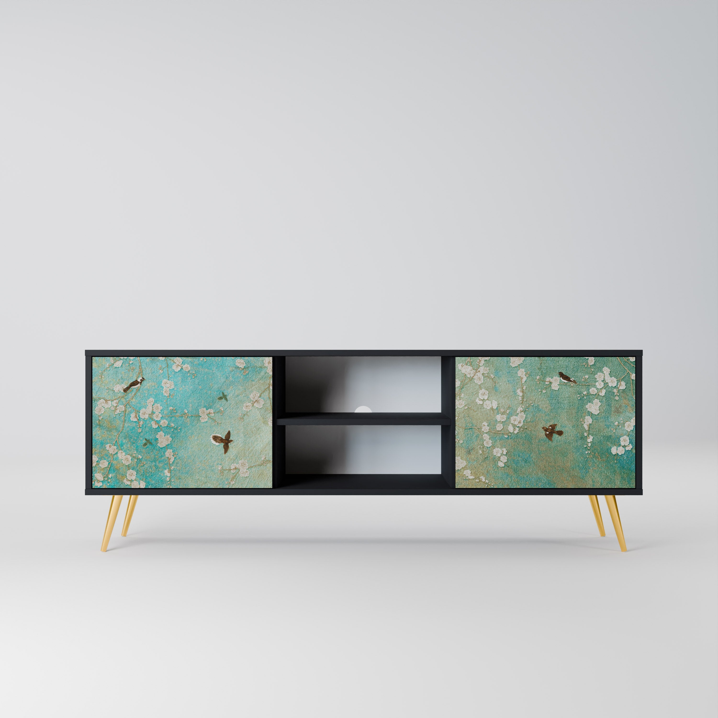 BLOOMING CHARM 2-Door TV Stand in Black Finish