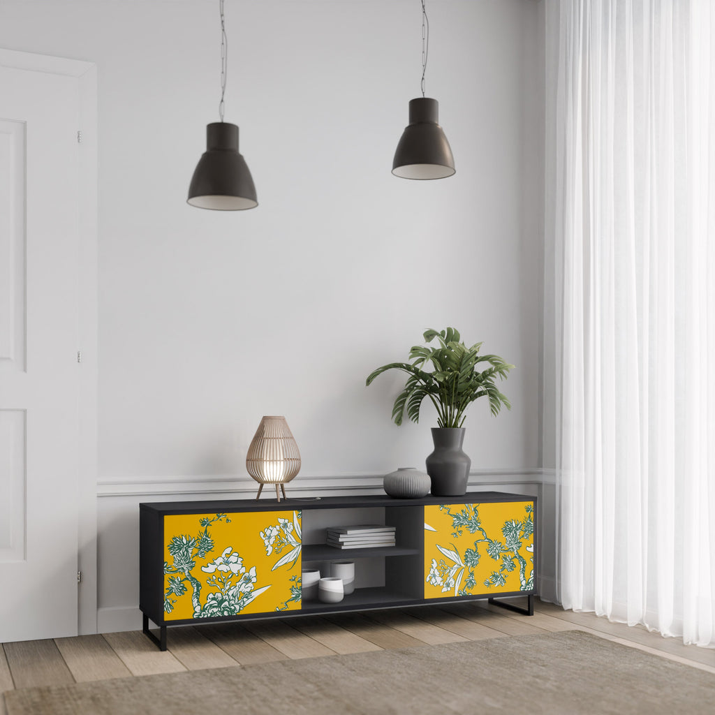 YELLOW CHINOISERIE 2-Door TV Stand in Black Finish