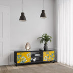 YELLOW CHINOISERIE 2-Door TV Stand in Black Finish