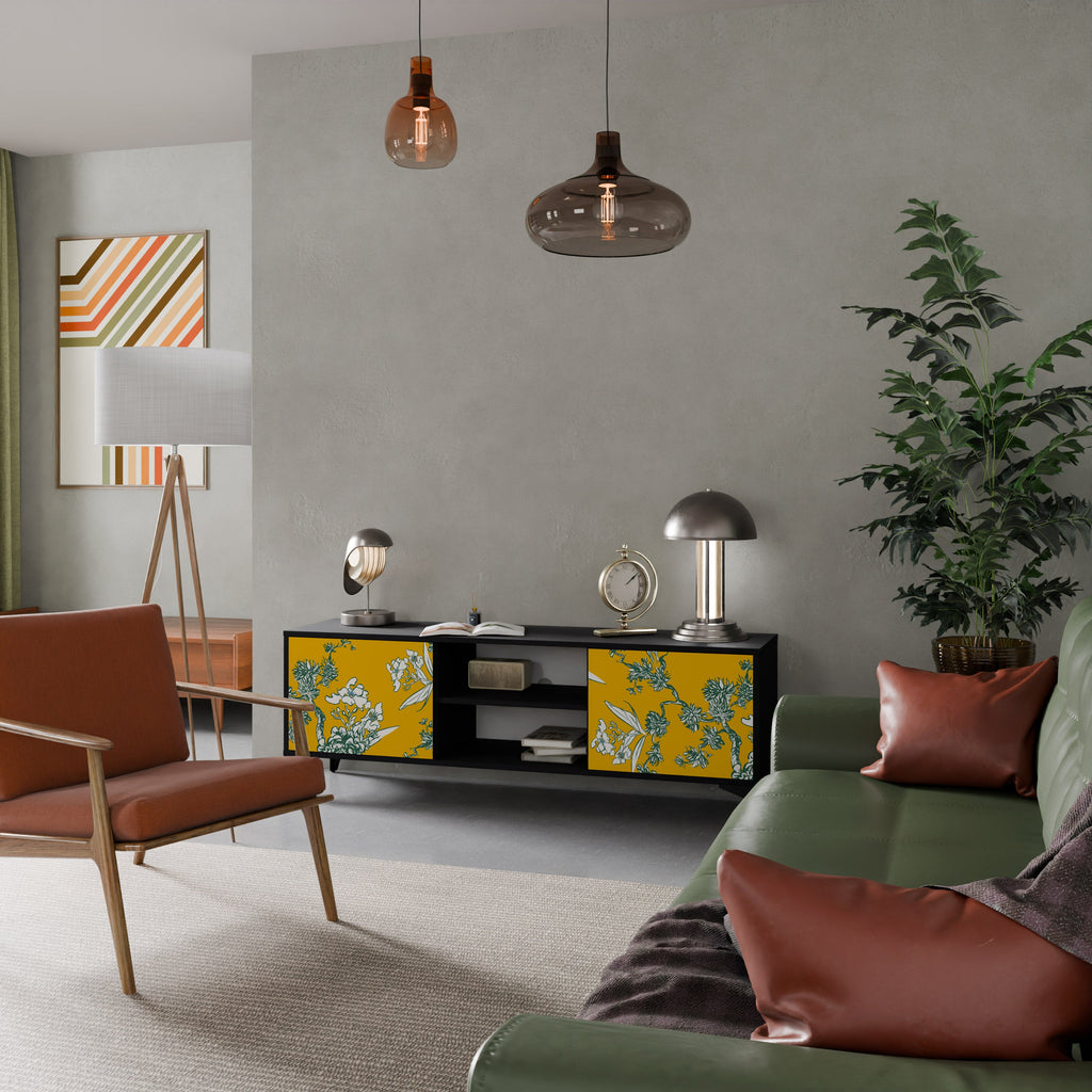 YELLOW CHINOISERIE 2-Door TV Stand in Black Finish