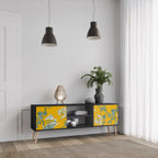 YELLOW CHINOISERIE 2-Door TV Stand in Black Finish