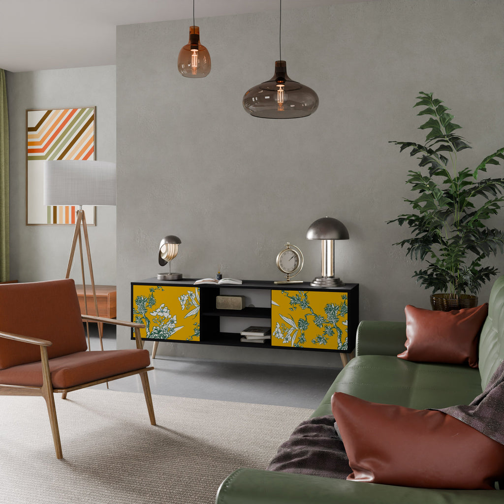 YELLOW CHINOISERIE 2-Door TV Stand in Black Finish