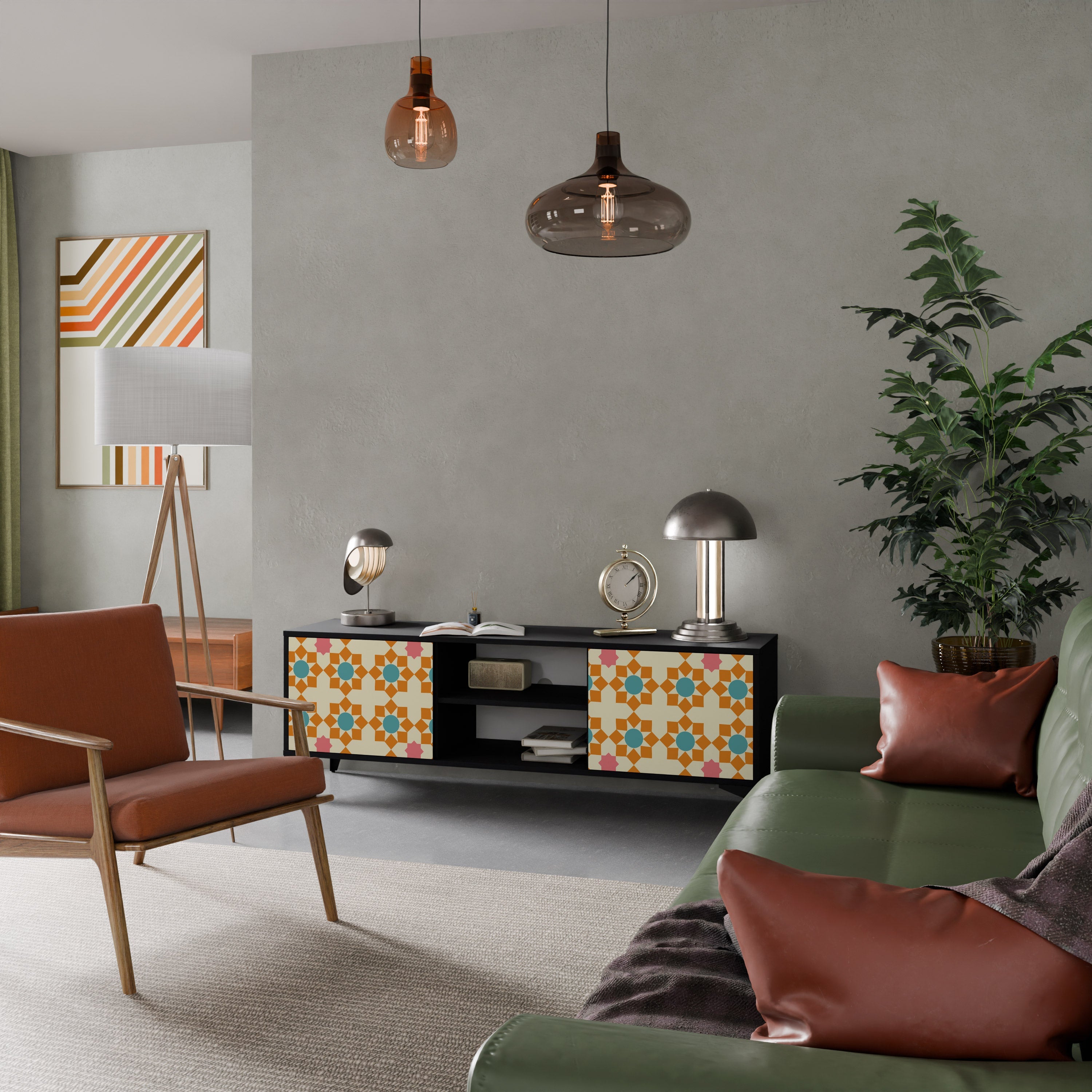 FLORAL DECOR 2-Door TV Stand in Black Finish