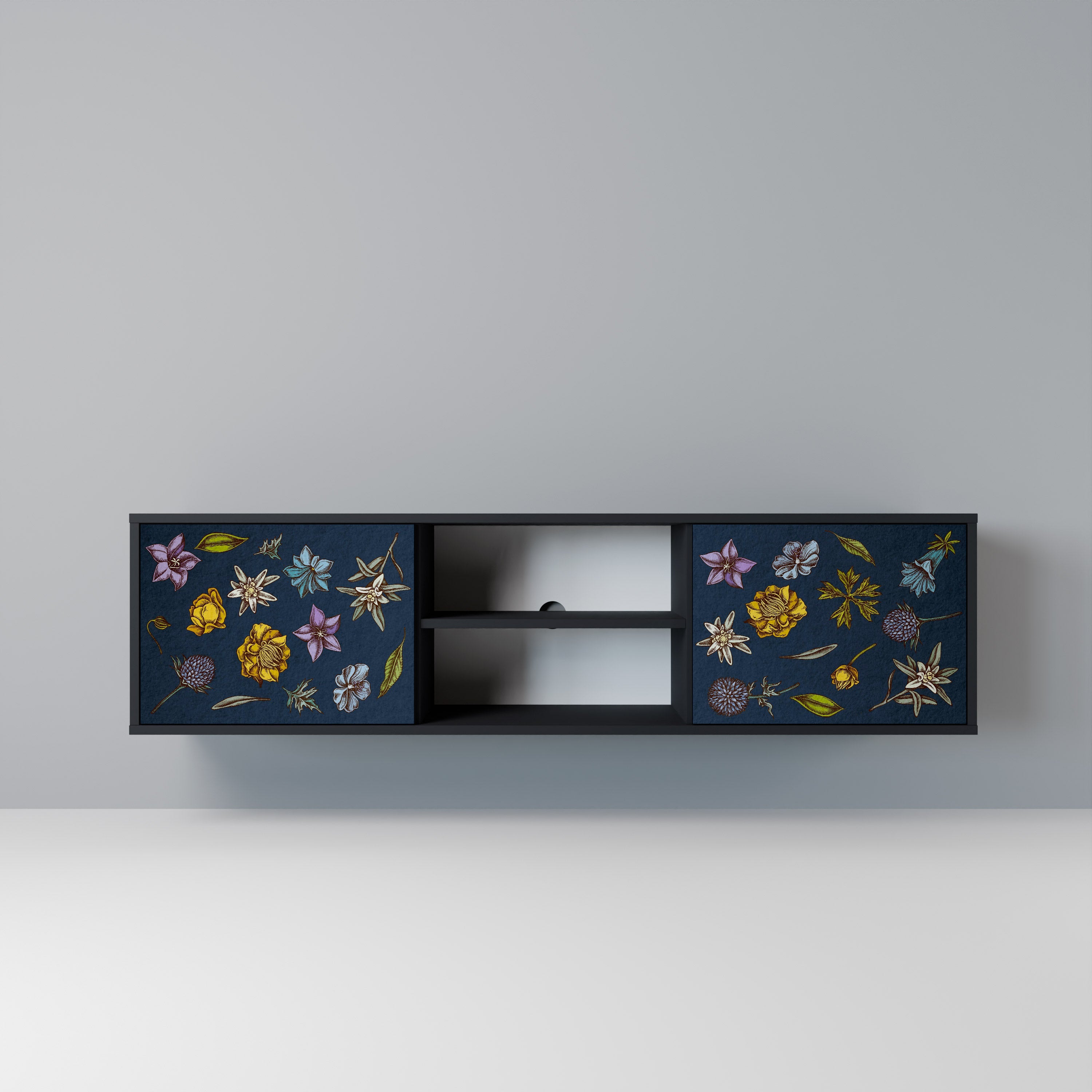 FLOWERS ON NAVY BLUE 2-Door TV Stand in Black Finish
