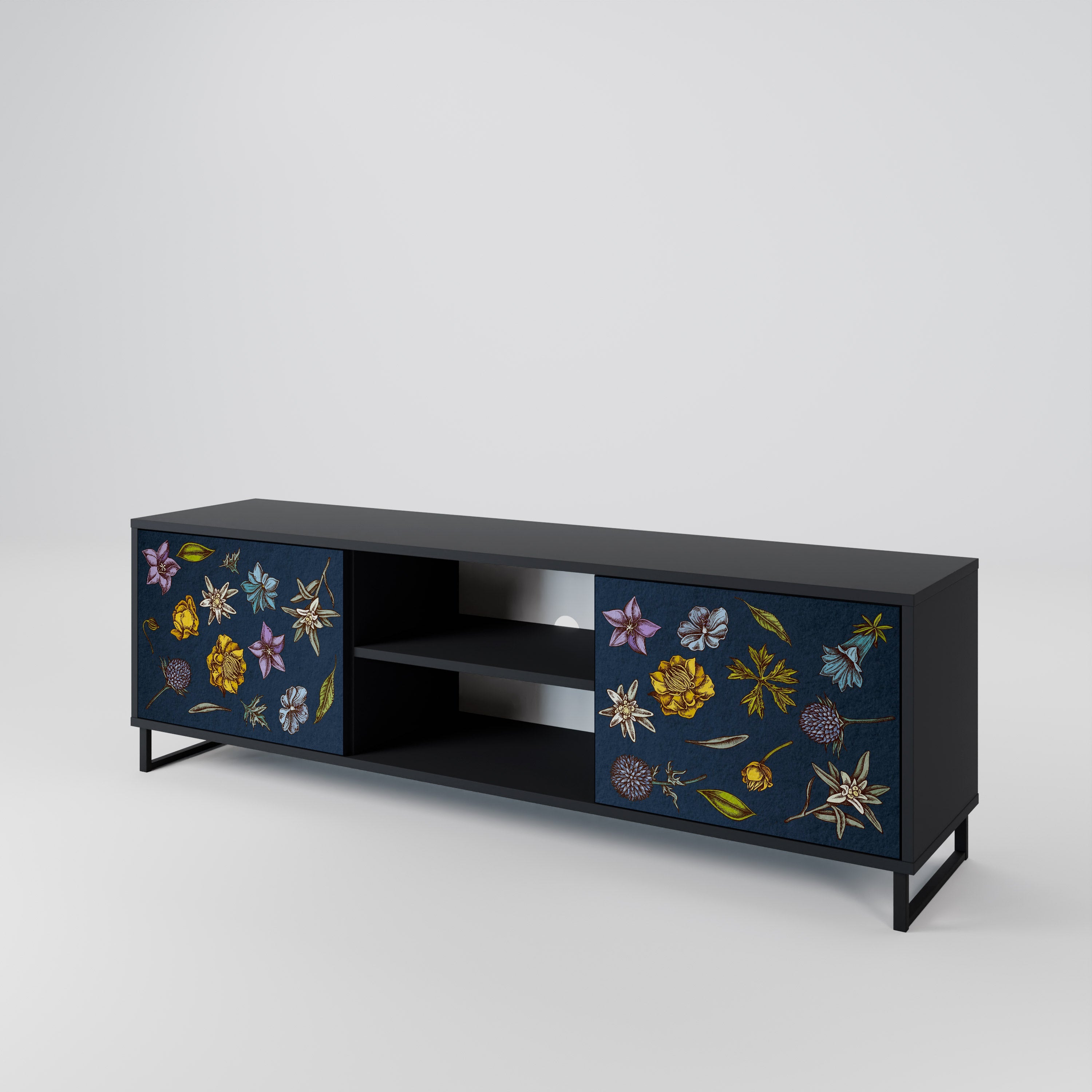 FLOWERS ON NAVY BLUE 2-Door TV Stand in Black Finish