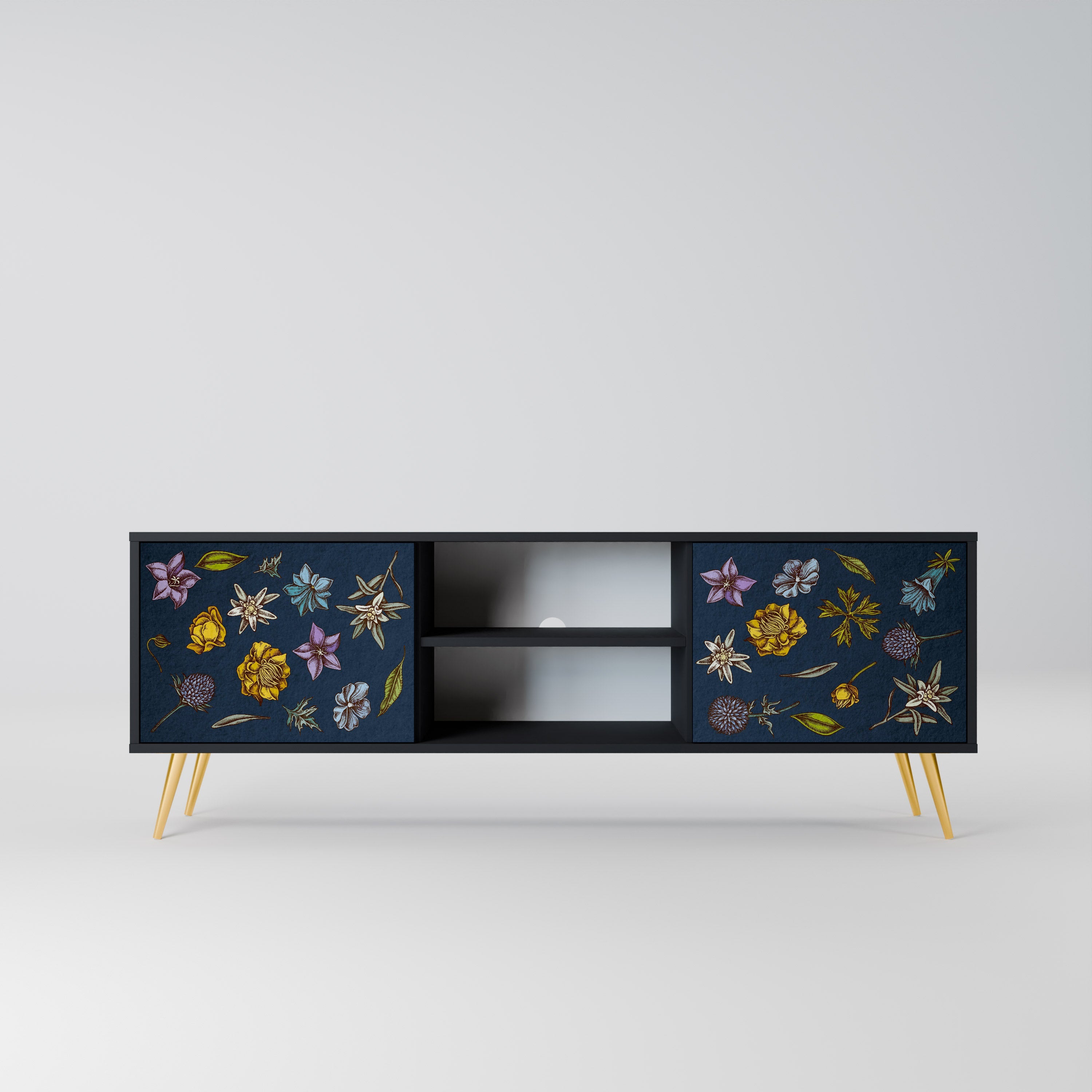 FLOWERS ON NAVY BLUE 2-Door TV Stand in Black Finish