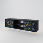 FLOWERS ON NAVY BLUE 2-Door TV Stand in Black Finish