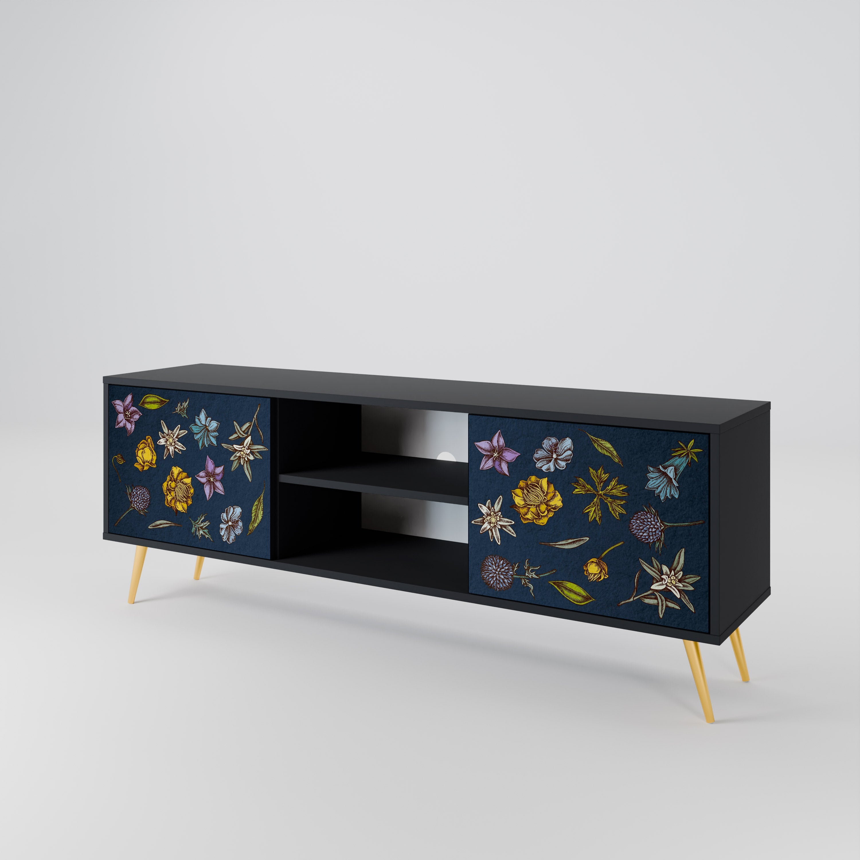 FLOWERS ON NAVY BLUE 2-Door TV Stand in Black Finish