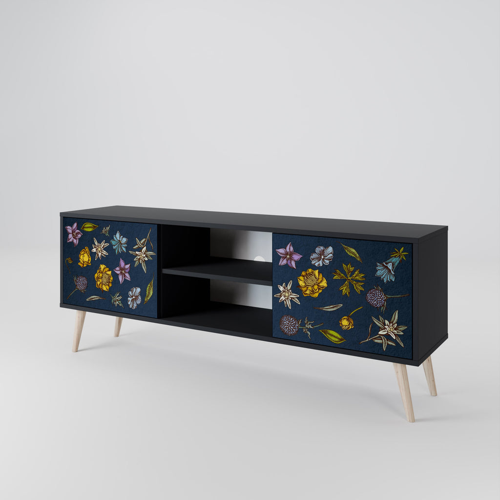FLOWERS ON NAVY BLUE 2-Door TV Stand in Black Finish