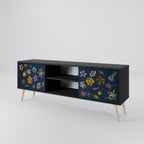 FLOWERS ON NAVY BLUE 2-Door TV Stand in Black Finish