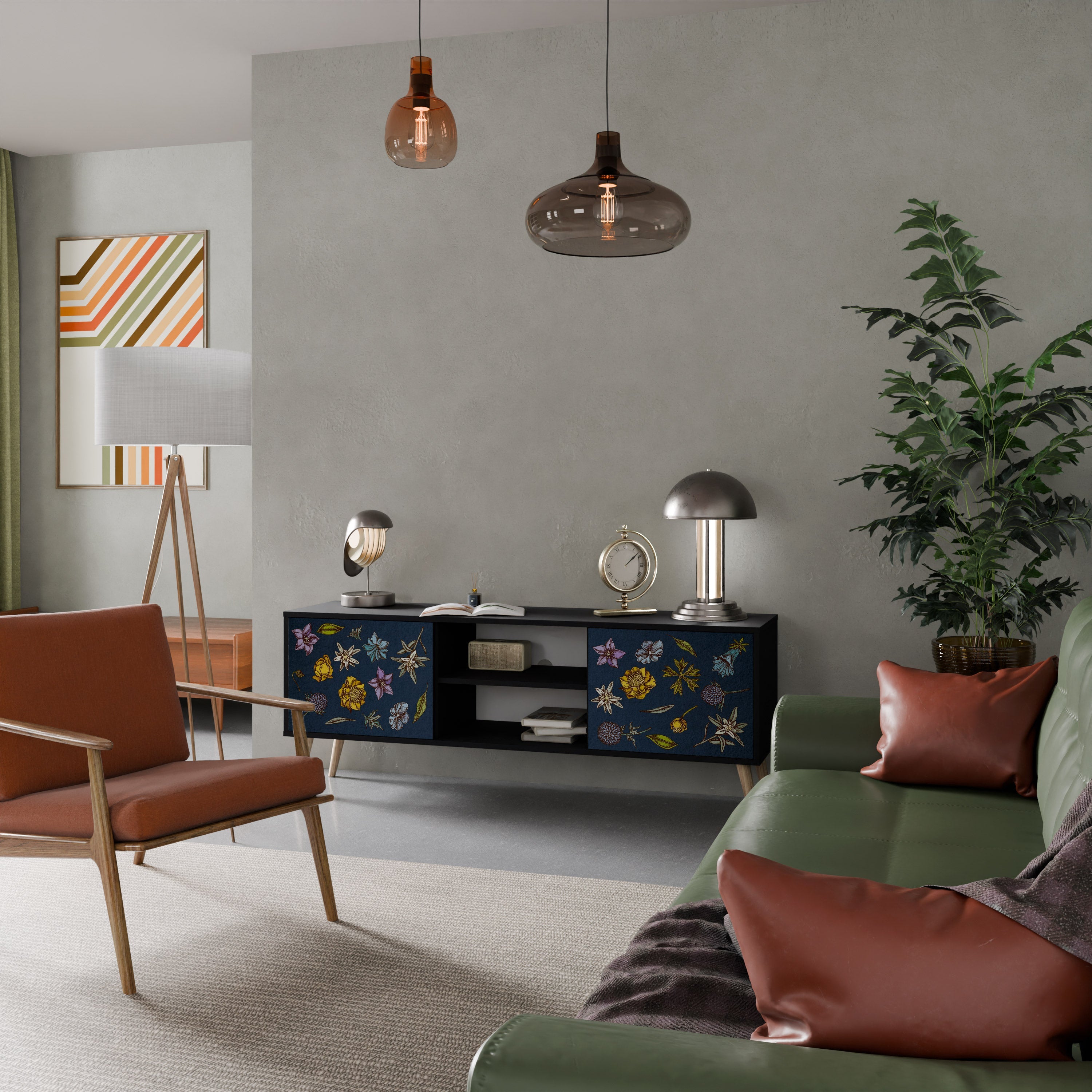 FLOWERS ON NAVY BLUE 2-Door TV Stand in Black Finish