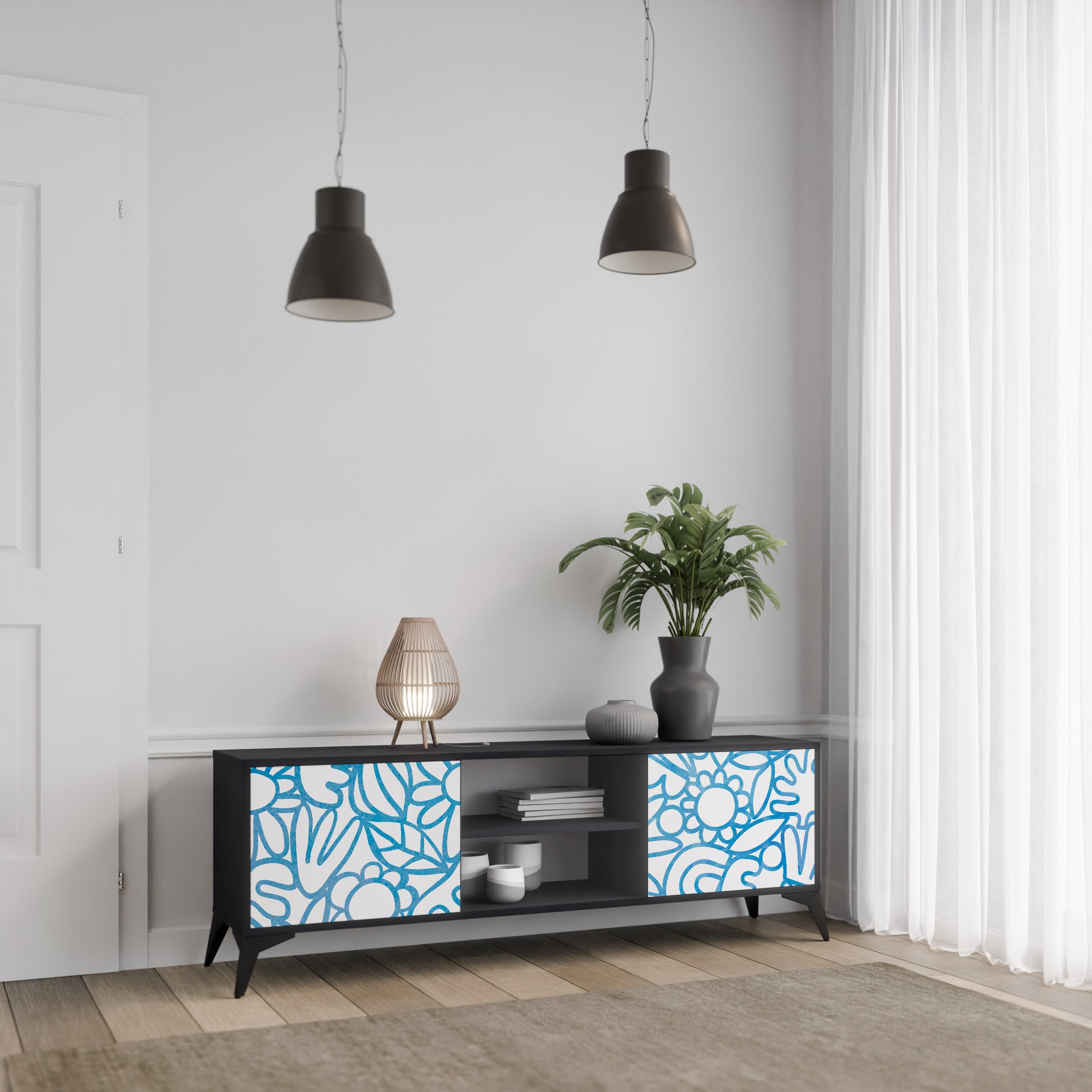 BLOOMY MORNING 2-Door TV Stand in Black Finish