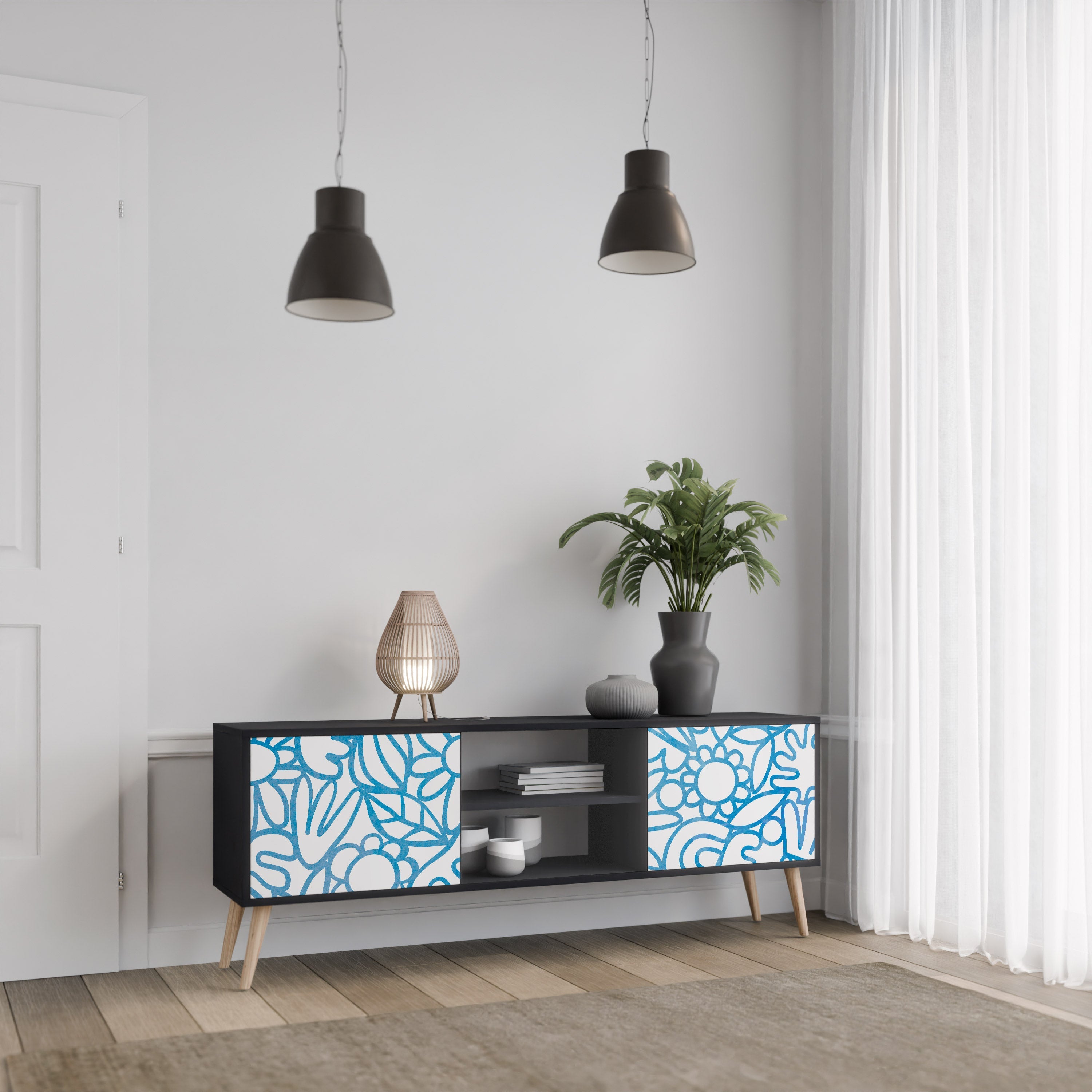 BLOOMY MORNING 2-Door TV Stand in Black Finish