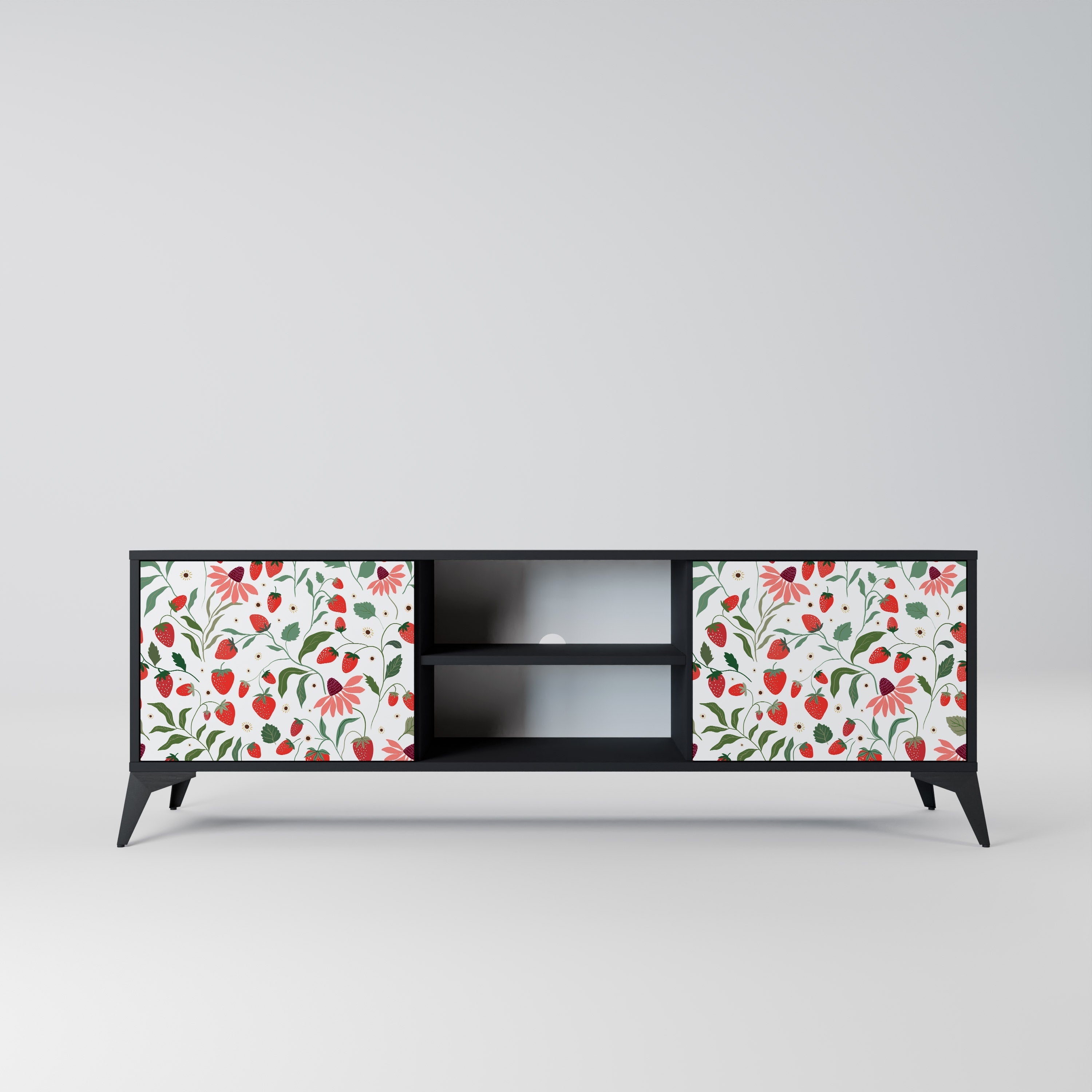 FLOWERS AND STRAWBERRIES 2-Door TV Stand in Black Finish